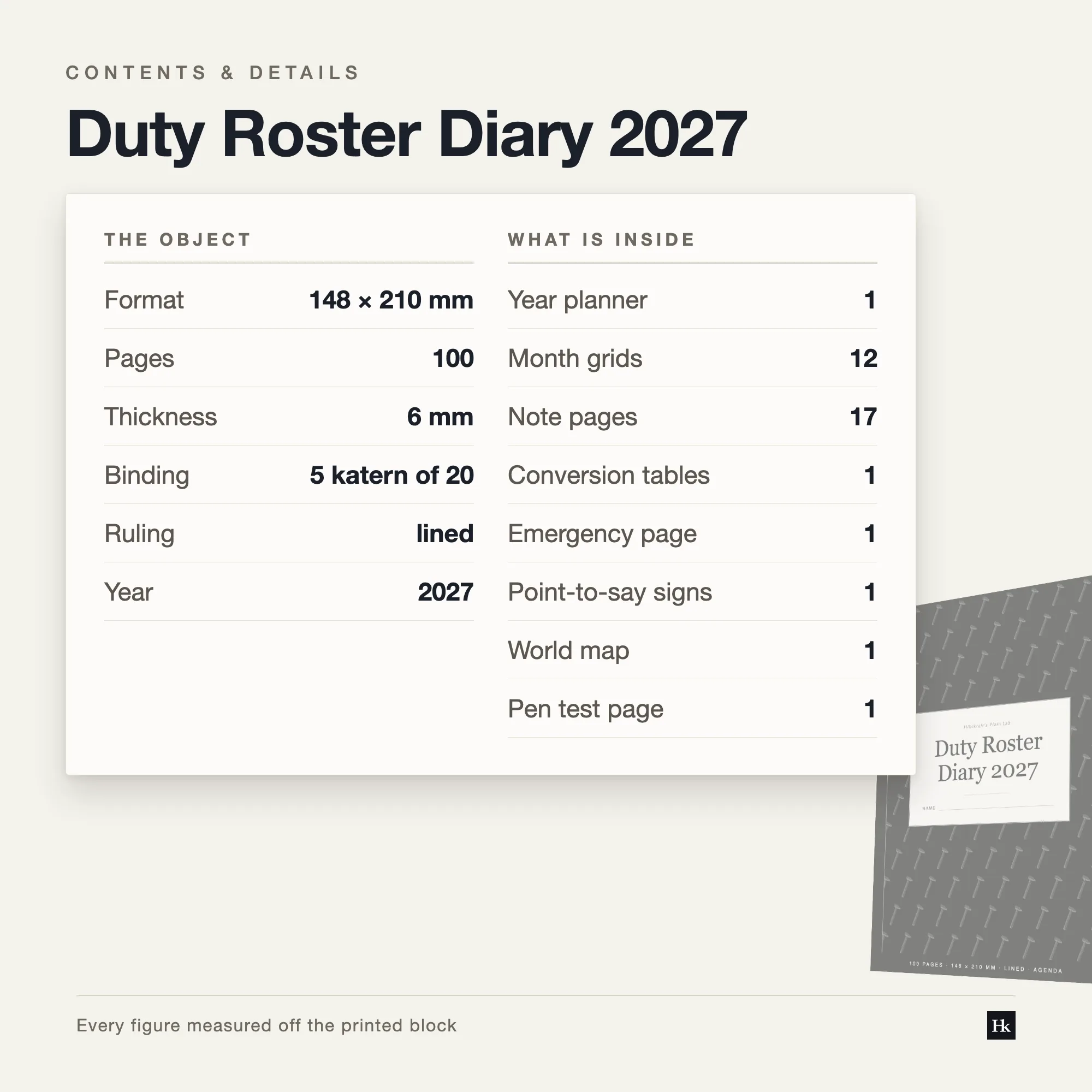 Specification card listing the Duty Roster Diary 2027 contents: roster pages, Leave booked pages, notes pages, 100 pages total, A5 trim, five signatures of twenty.