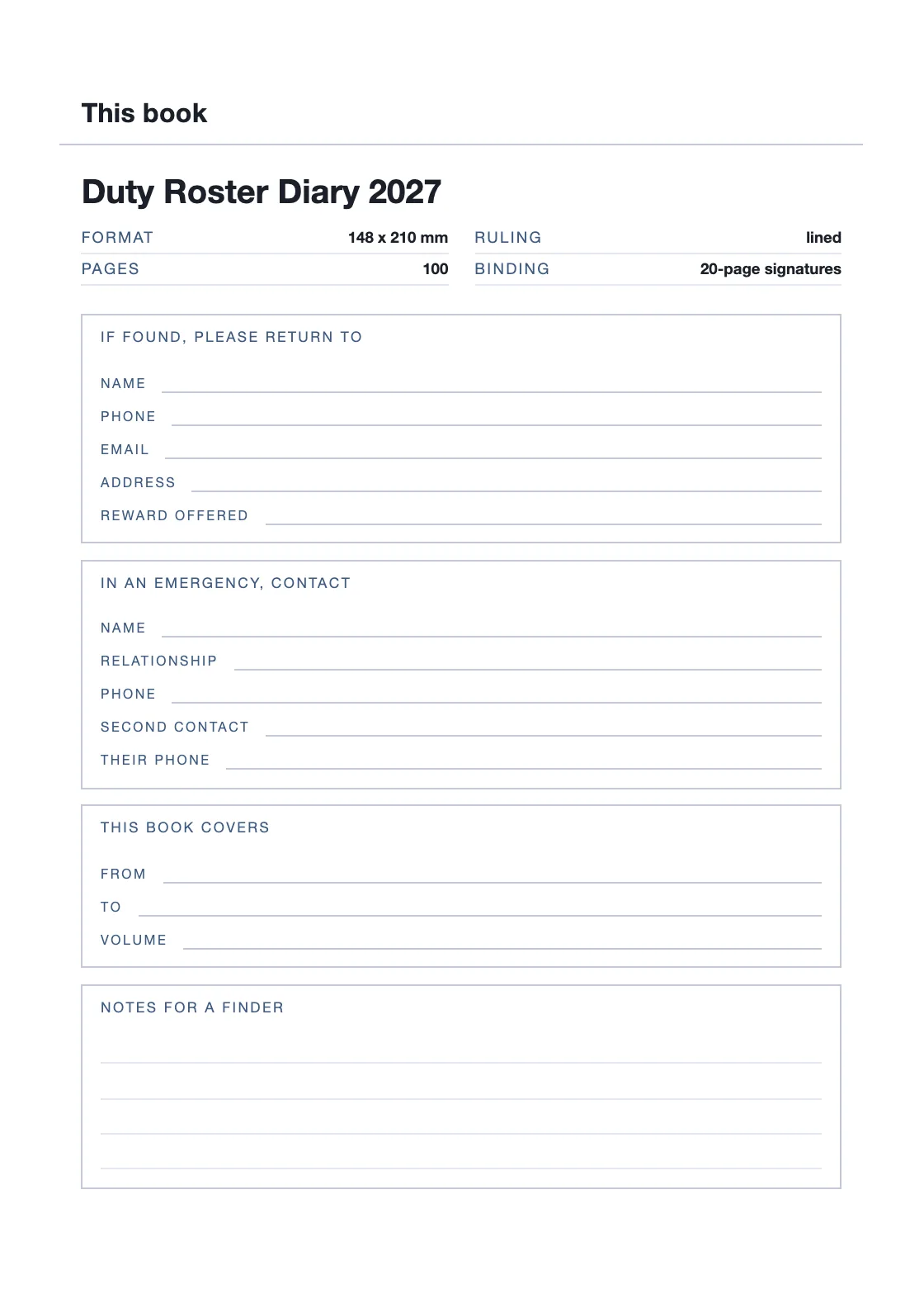 One page for your name and number, so a book that goes missing can come back. — Duty Roster Diary 2027