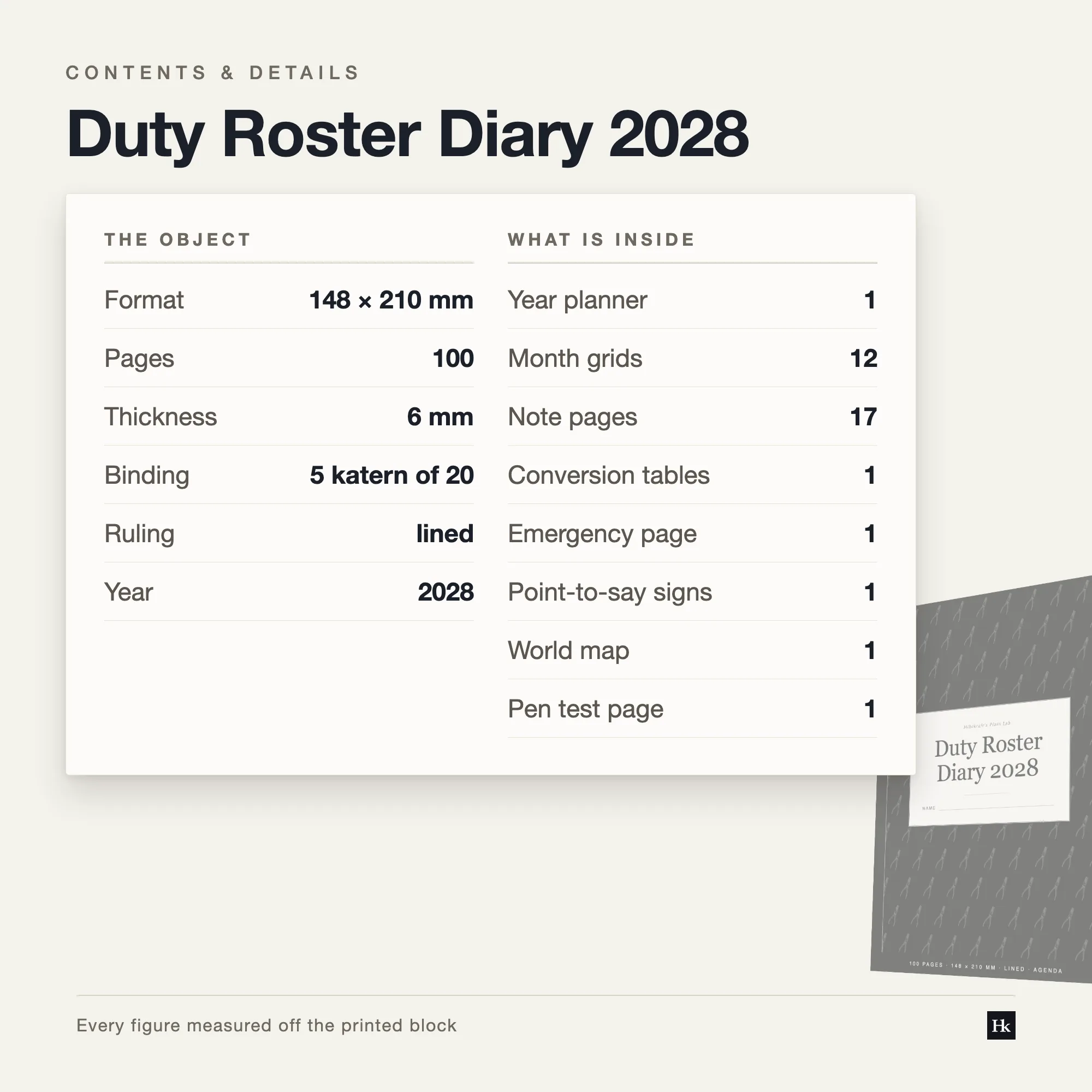 Specification card listing the Duty Roster Diary 2028 contents: roster pages, Leave booked pages, notes pages, 100 pages total, A5 trim, five signatures of twenty.