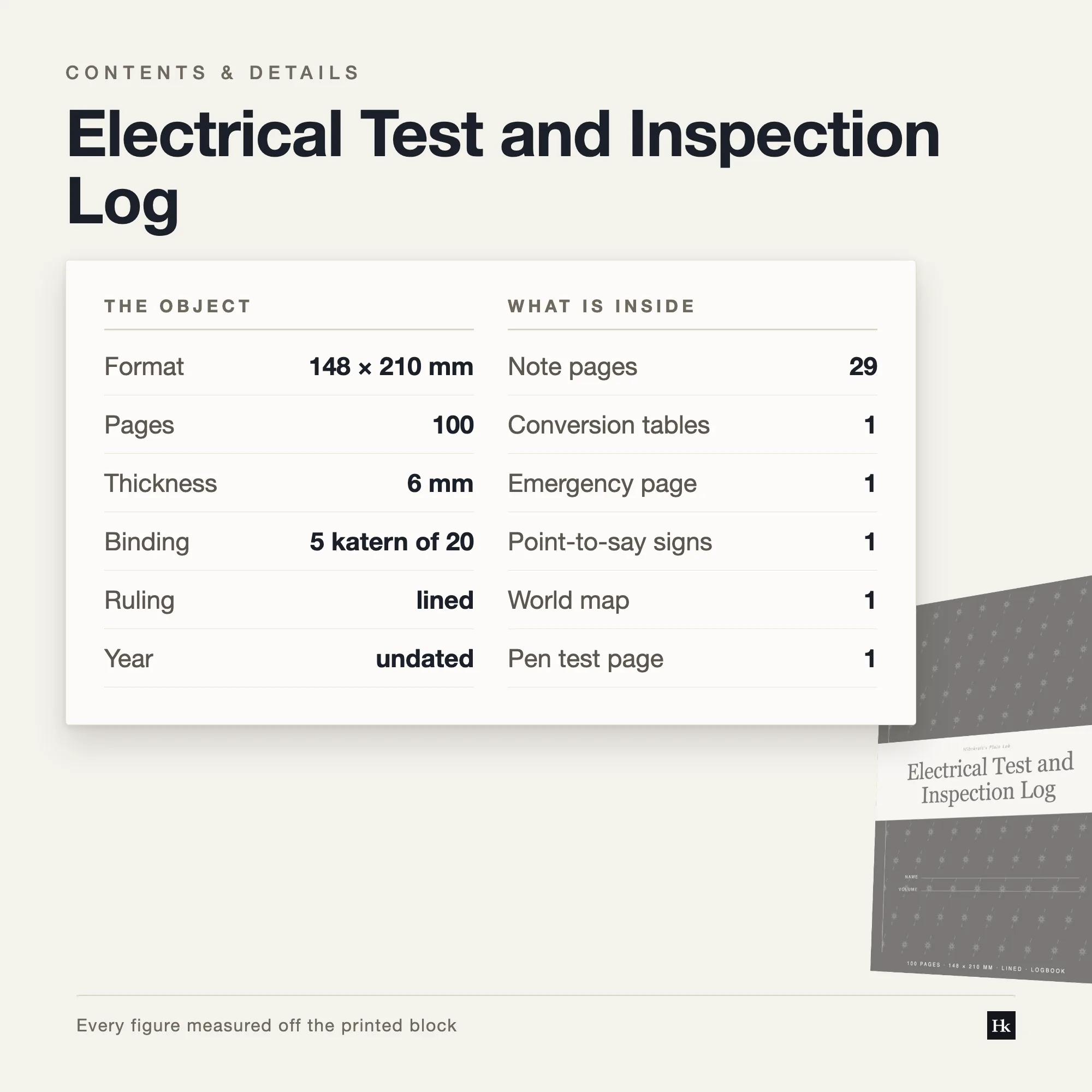 Specification card listing the Electrical Test and Inspection Log contents: 60 record pages, 29 note pages, 100 pages total, A5 trim, five signatures of twenty.