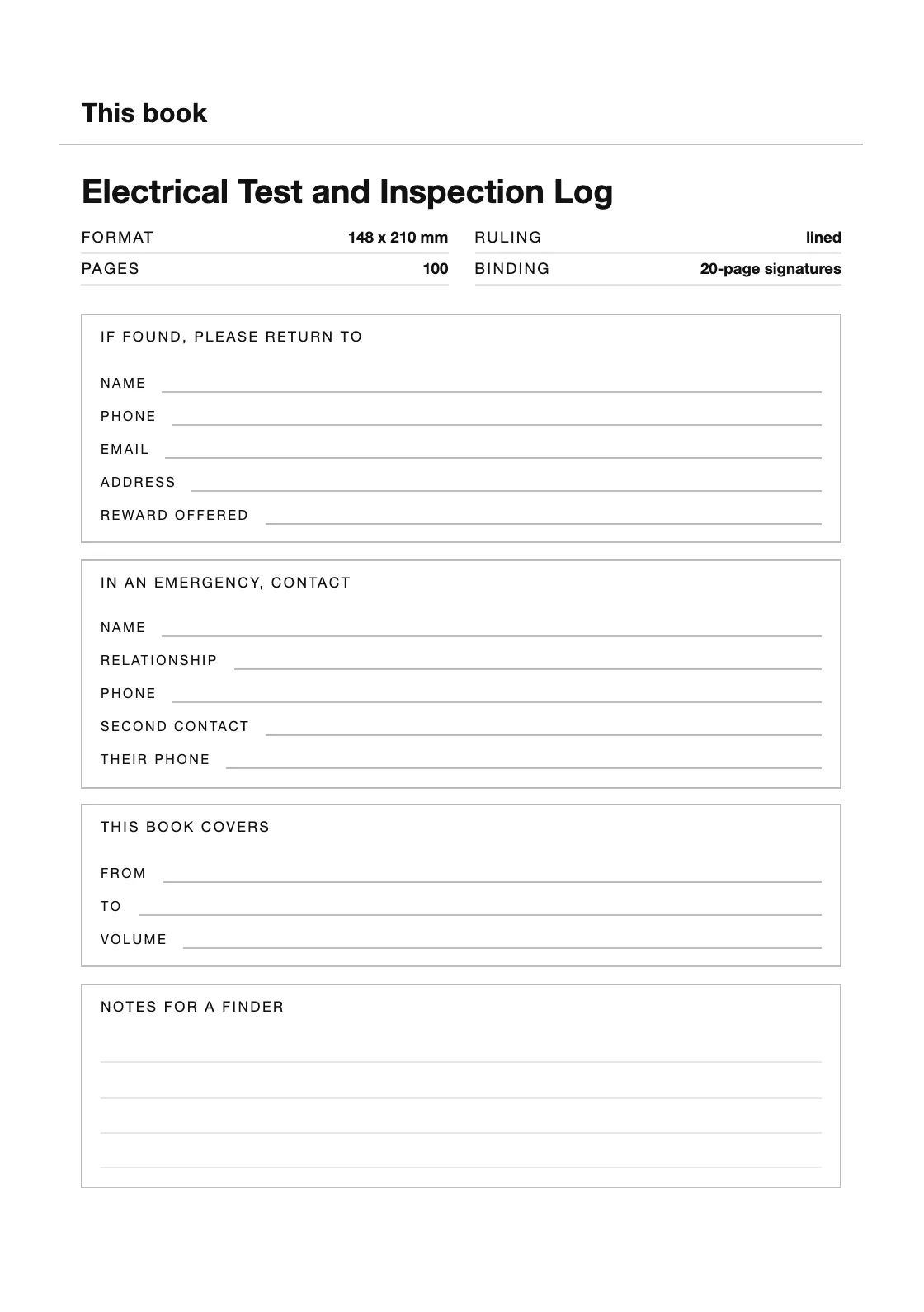 Uma página para o seu nome e número, para que um livro perdido possa voltar. — Electrical Test and Inspection Log