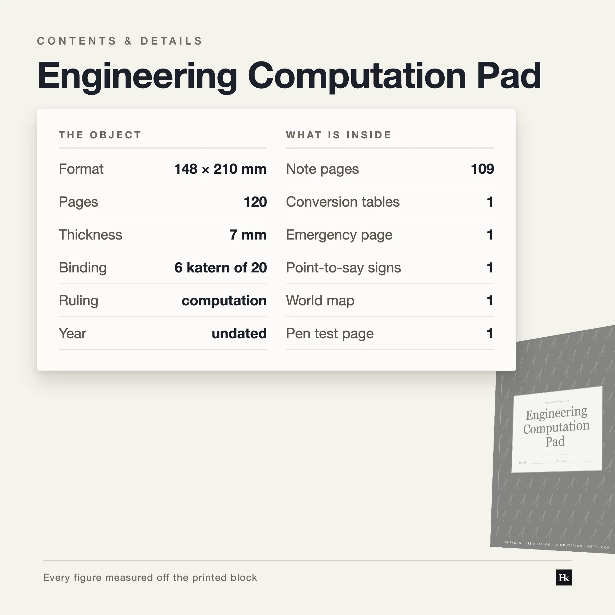 Specification card for the Engineering Computation Pad listing 109 computation pages at 5.00 mm, 34 rows, title block, 120 pages total, A5 trim.