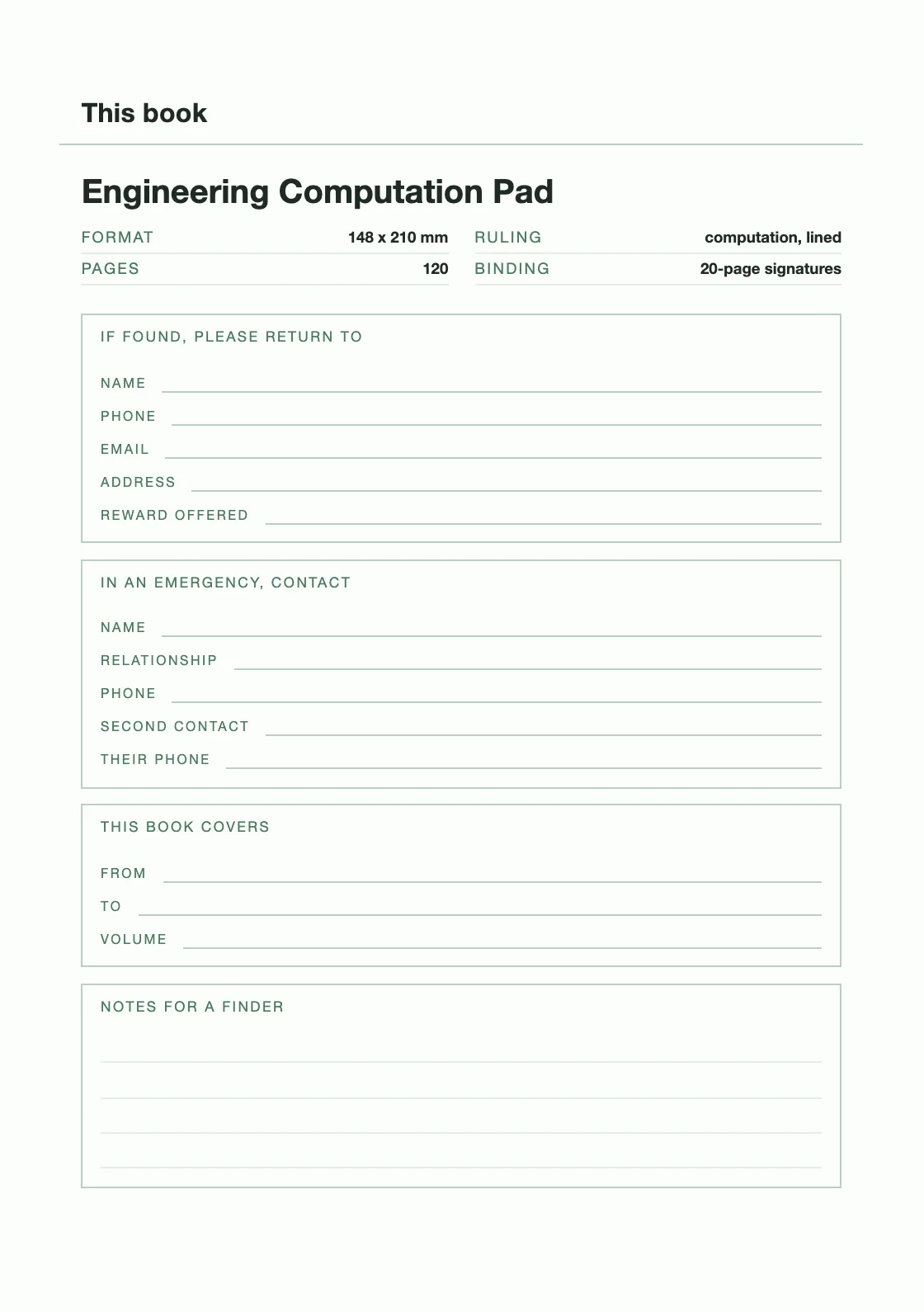 One page for your name and number, so a book that goes missing can come back. — Engineering Computation Pad