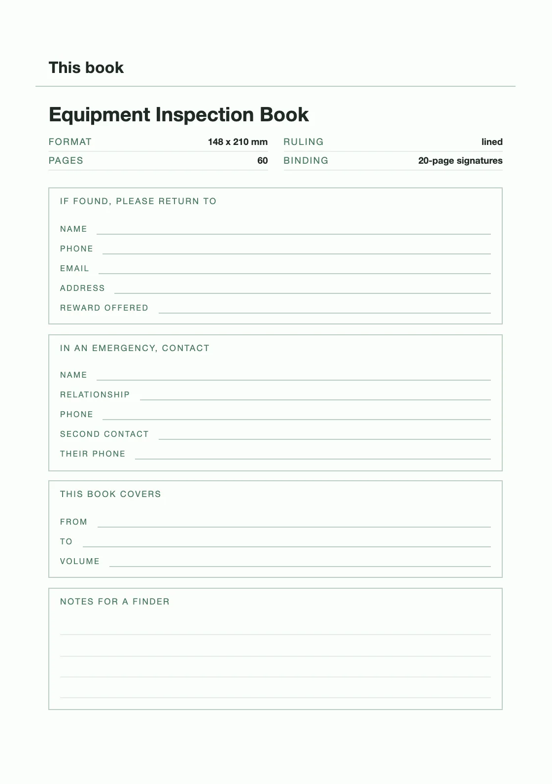 Satu halaman untuk nama dan nomor Anda, supaya buku yang hilang bisa kembali. — Equipment Inspection Book