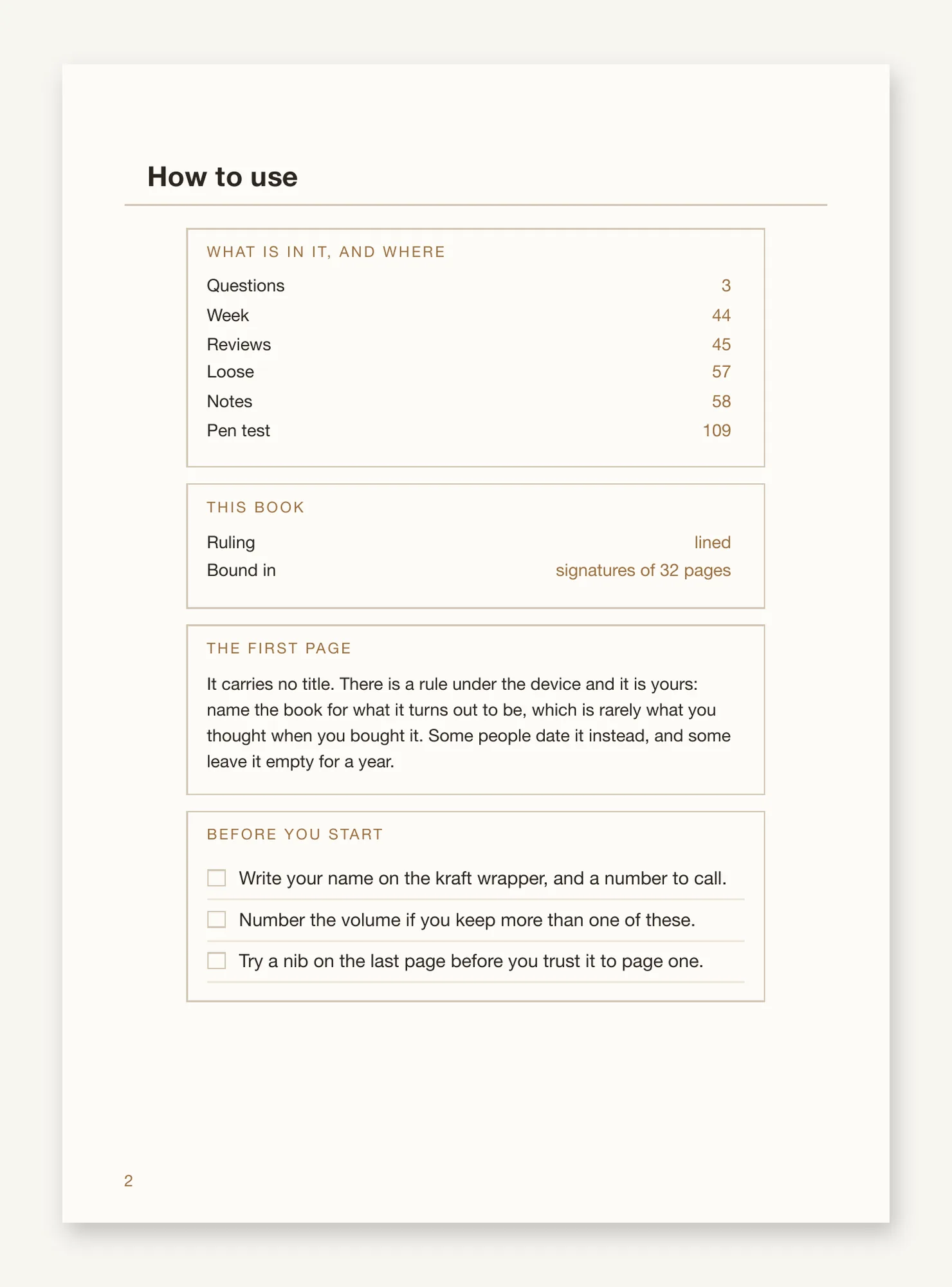 The front matter page, listing the prompts and the plain notes section with their starting pages, the ruling and the signature count, and a checklist before you begin.