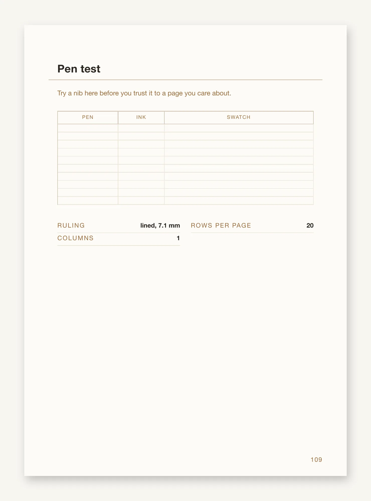 The pen-test leaf with its pen, ink and swatch table, and the printed figures: lined, 7.1 mm, 20 rows per page, one column.