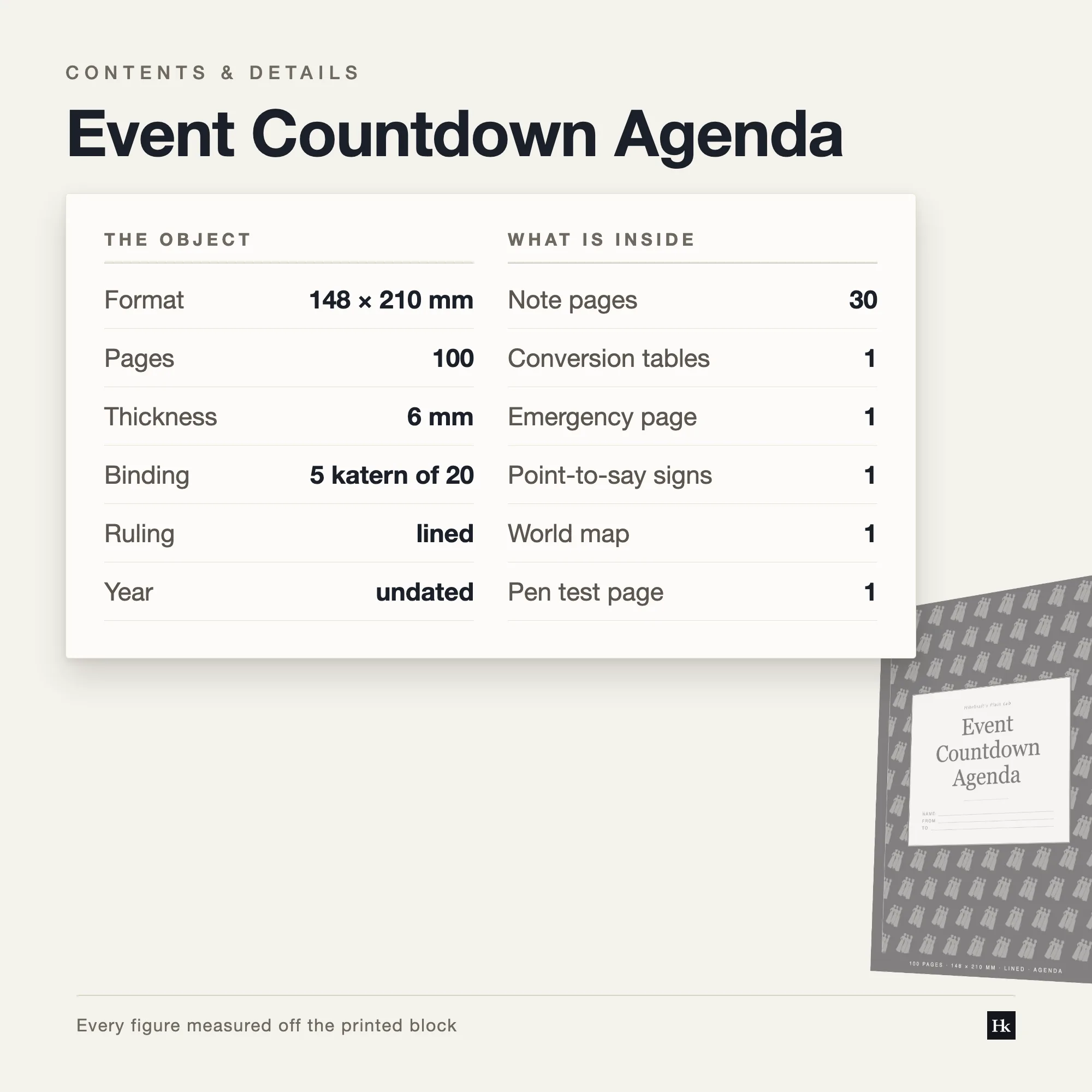 Specification card listing the Event Countdown Agenda contents: 60 countdown pages, 30 notes pages, 100 pages total, A5 trim, five signatures of twenty.