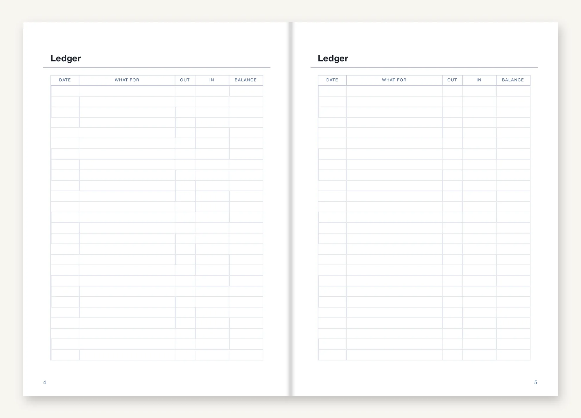 An opening of Expense Insert: two facing pages headed Ledger, each ruled into five columns for date, what for, out, in and balance.