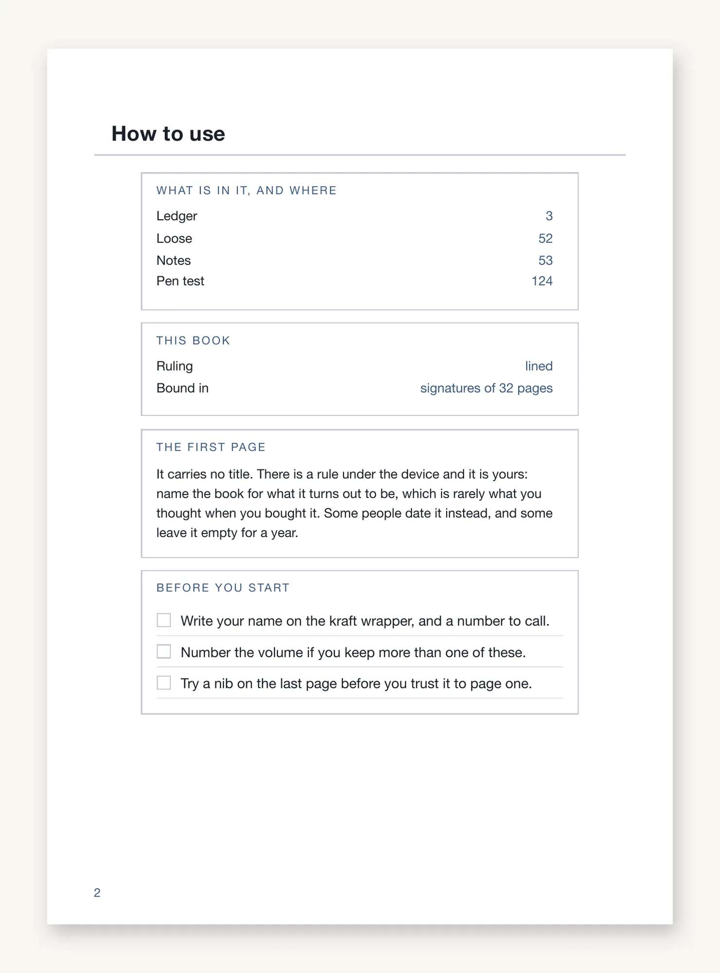 The front matter page, listing the ledger and the notes section with their starting pages, the ruling and the signature count, then a checklist before you begin.