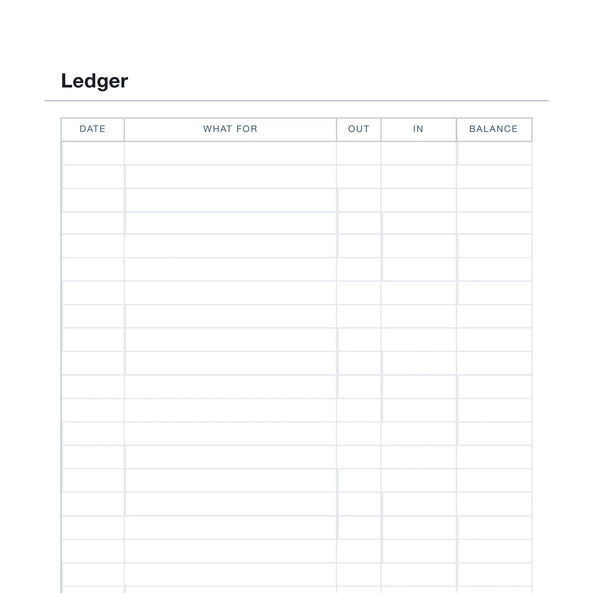 A close view of the ledger ruling, showing the out, in and balance columns and the rows running across them.