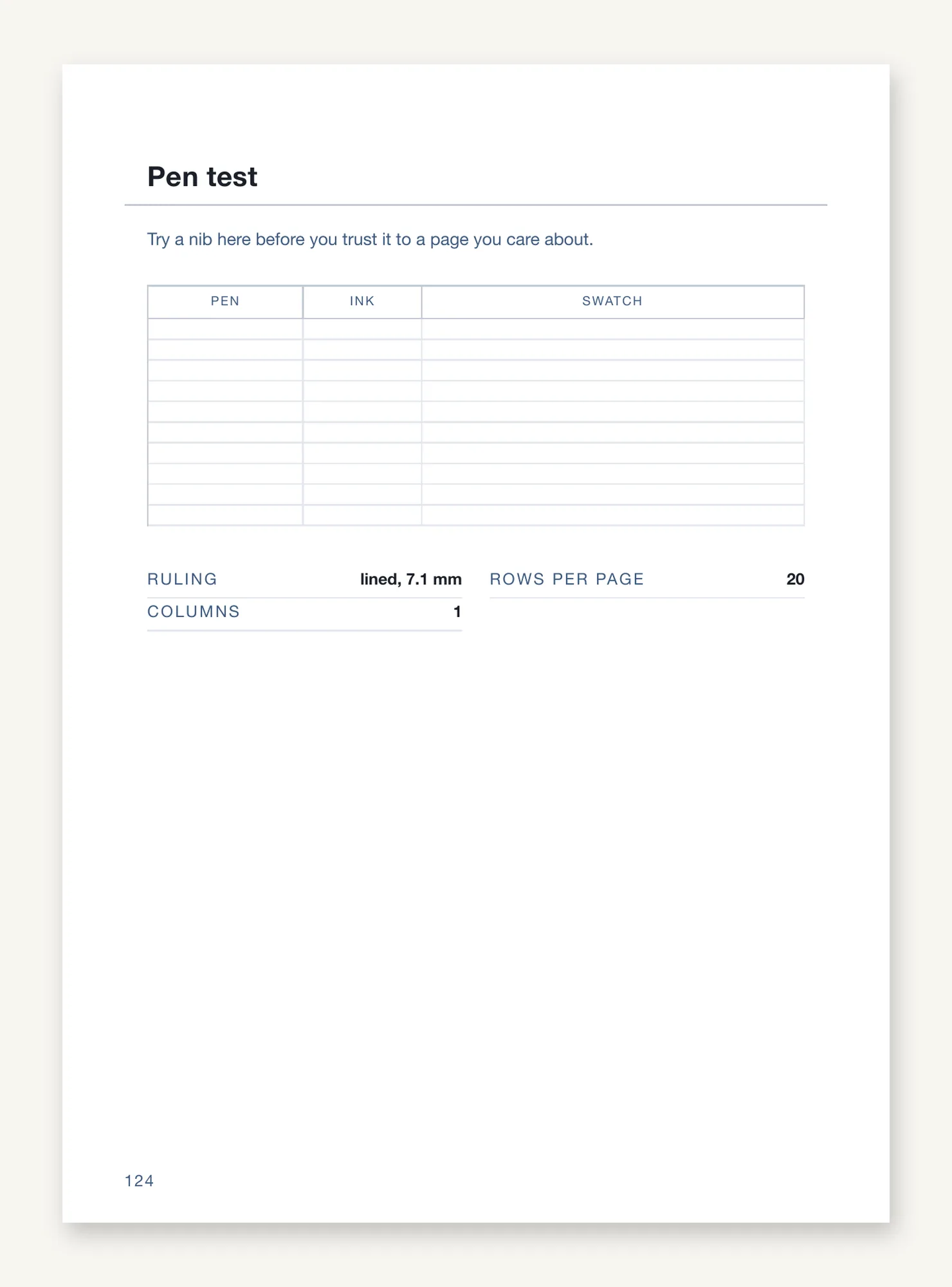 The pen-test leaf with its pen, ink and swatch table, and the printed figures: lined, 7.1 mm, 20 rows per page, one column.