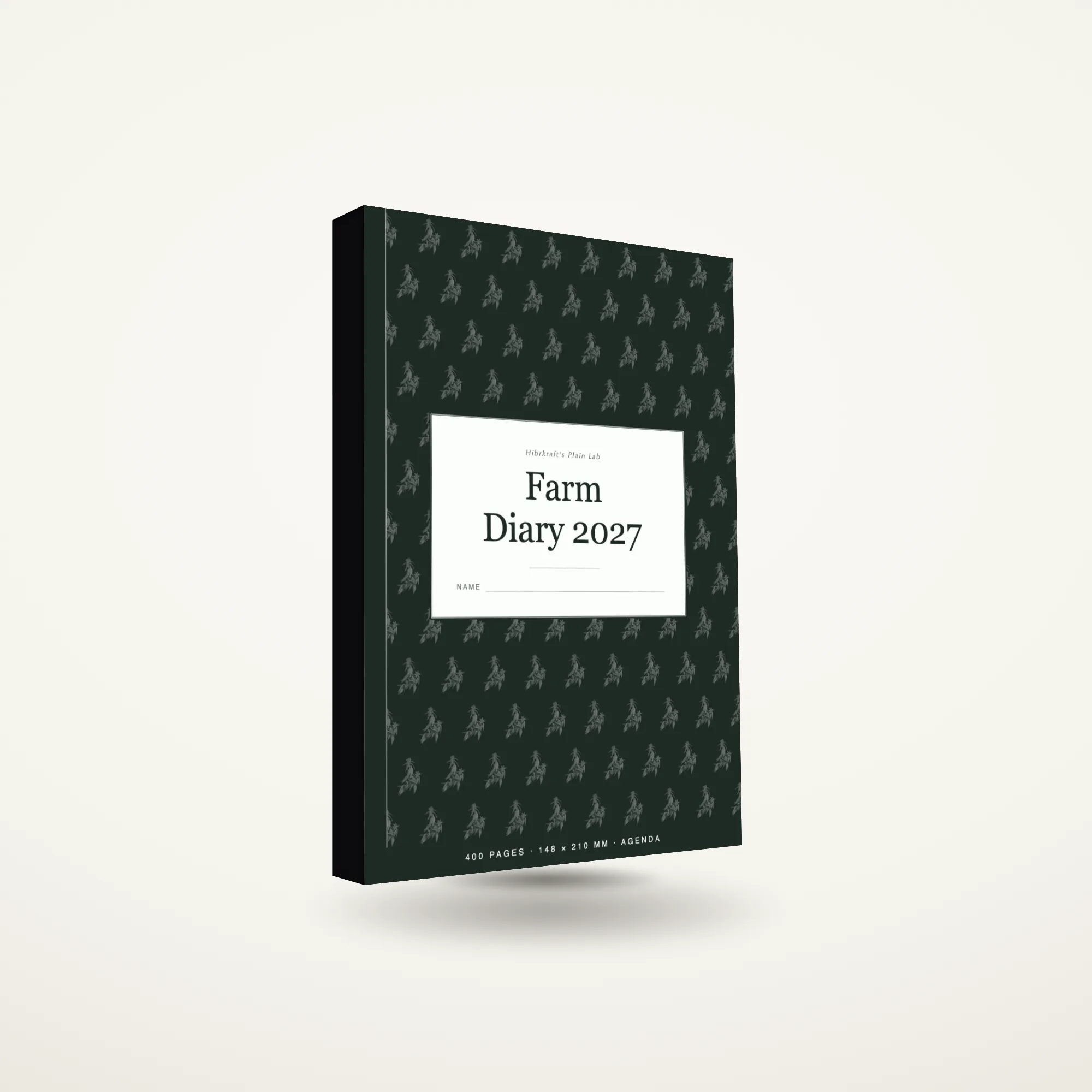 Farm Diary 2027 A5 de pé e fechado sobre uma superfície lisa, capa de diário datado.