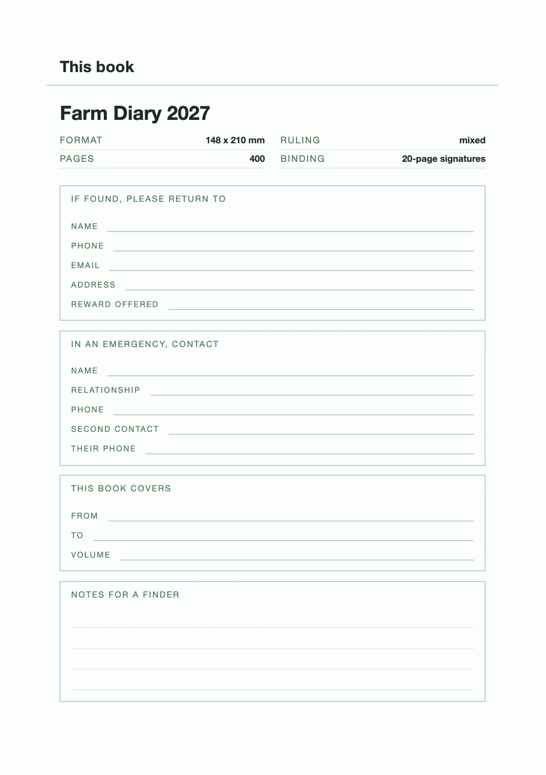 Satu halaman untuk nama dan nomor Anda, supaya buku yang hilang bisa kembali. — Farm Diary 2027