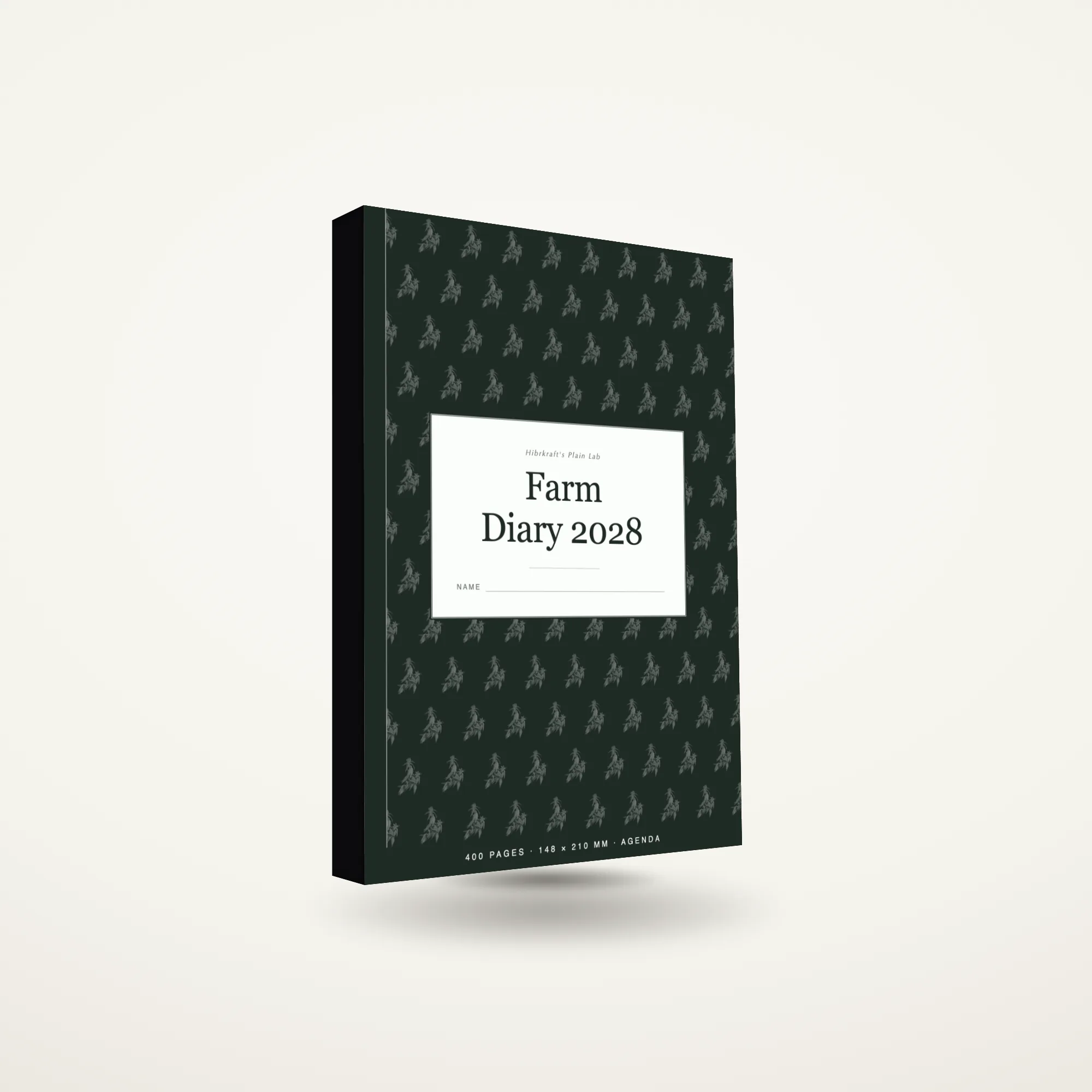Farm Diary 2028 A5 de pé e fechado sobre uma superfície lisa, capa de diário datado.