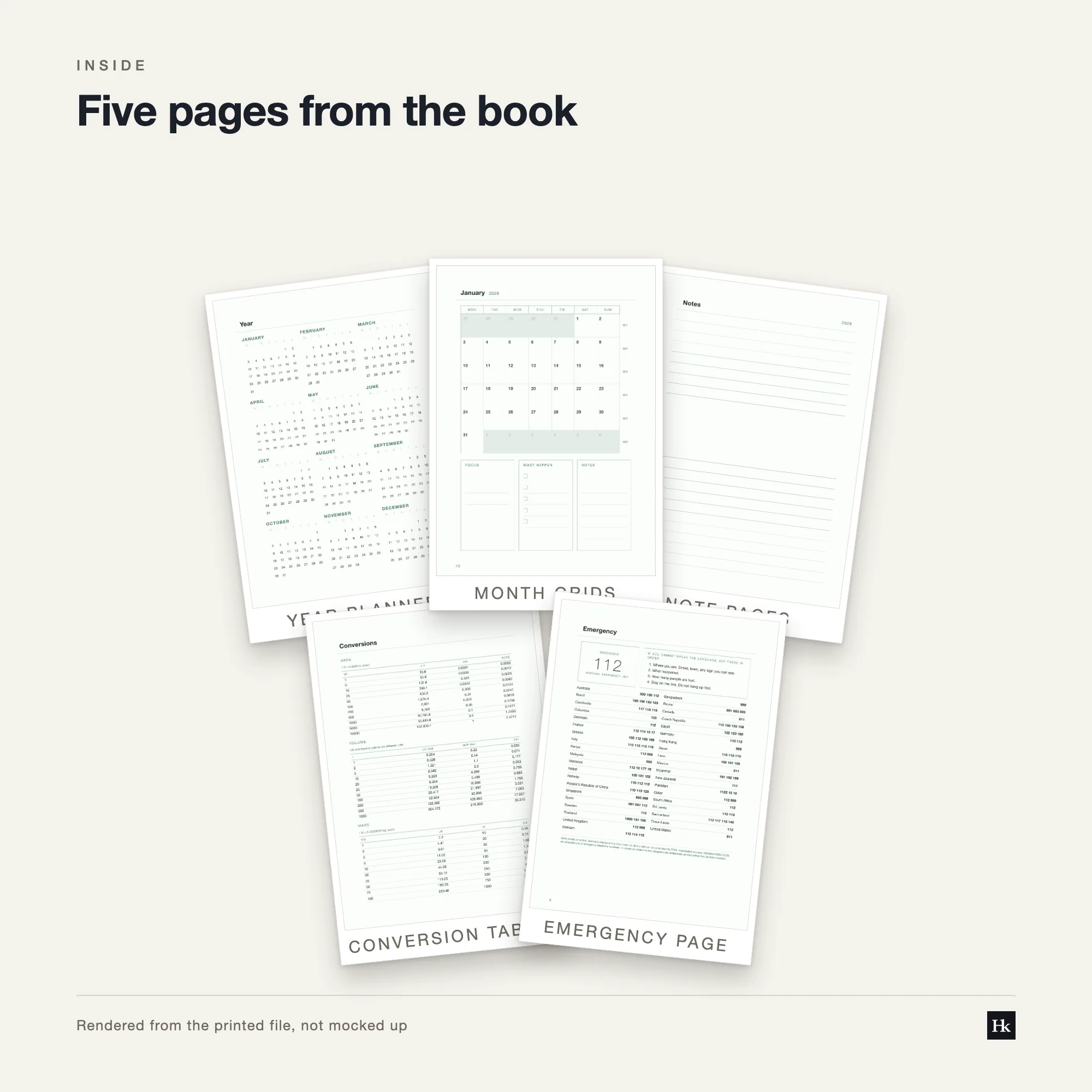 Five pages from the Farm Diary laid out as cards: a day page, a month spread, a notes page, a reflection page, and the pen test page.