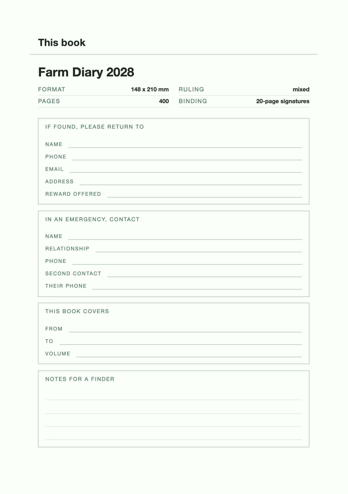 Satu halaman untuk nama dan nomor Anda, supaya buku yang hilang bisa kembali. — Farm Diary 2028