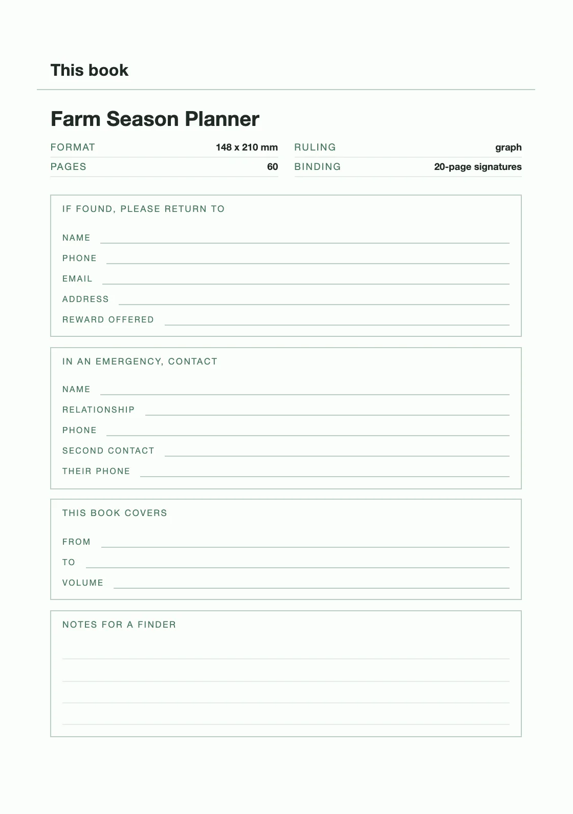 One page for your name and number, so a book that goes missing can come back. — Farm Season Planner