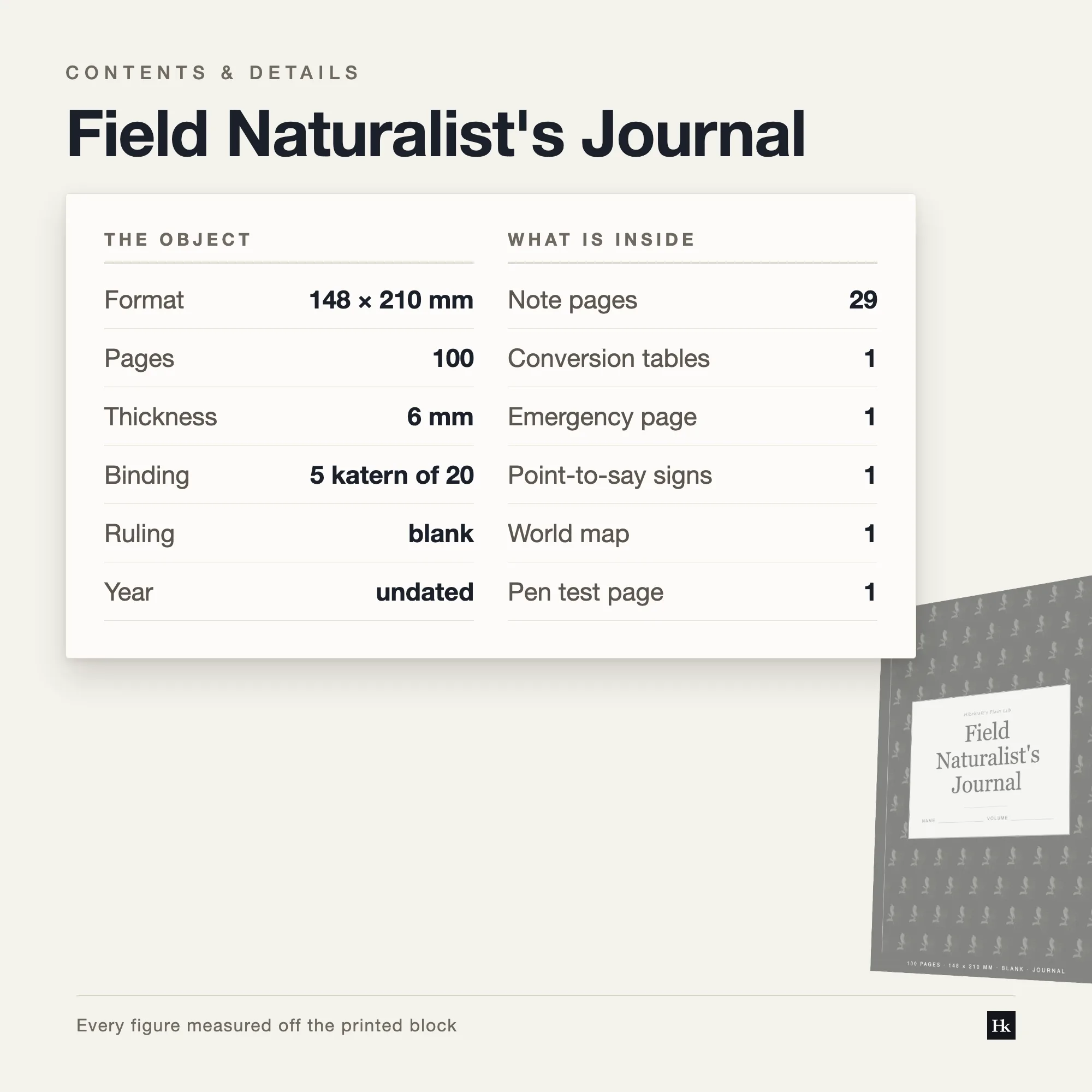 Detail card listing the Field Naturalist's Journal contents: unruled sketch-and-note pages, a notes section, and reference pages.