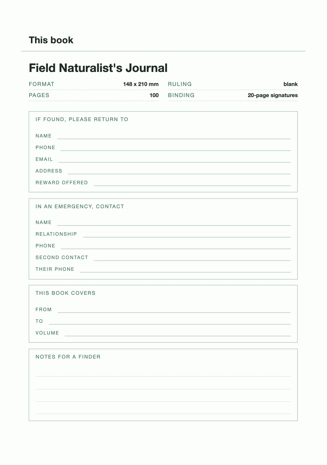 Uma página para o seu nome e número, para que um livro perdido possa voltar. — Field Naturalist's Journal