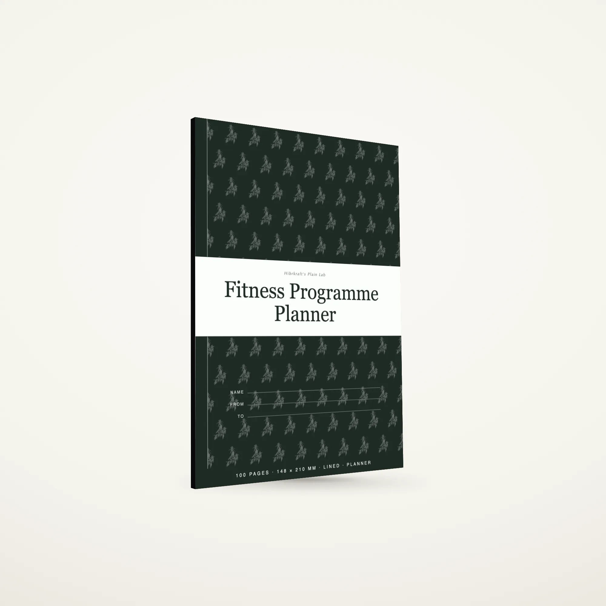 Fitness Programme Planner A5 berdiri tertutup, sampul berpita hijau sage gelap dengan motif botani dicetak terbalik nyaris putih, tebal sedikit di atas lima setengah milimeter.