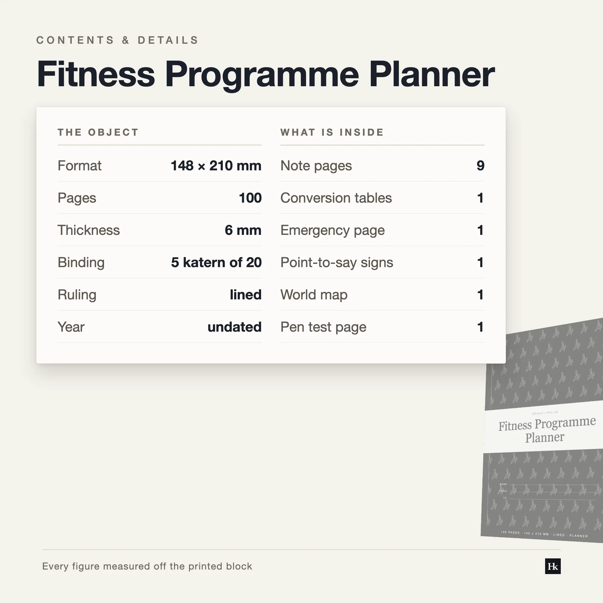 Specification card listing the Fitness Programme Planner contents: 72 workout pages, 8 reflection pages, 9 notes pages, 100 pages total, A5 trim, five signatures of twenty.