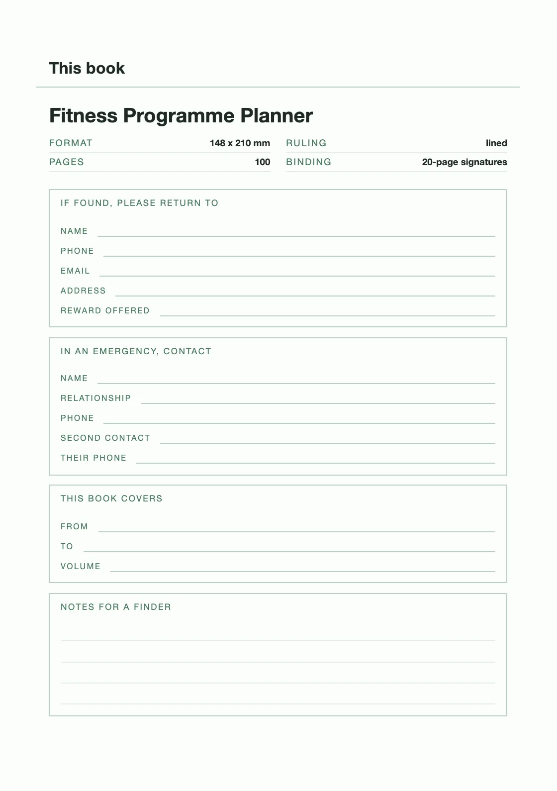 Uma página para o seu nome e número, para que um livro perdido possa voltar. — Fitness Programme Planner