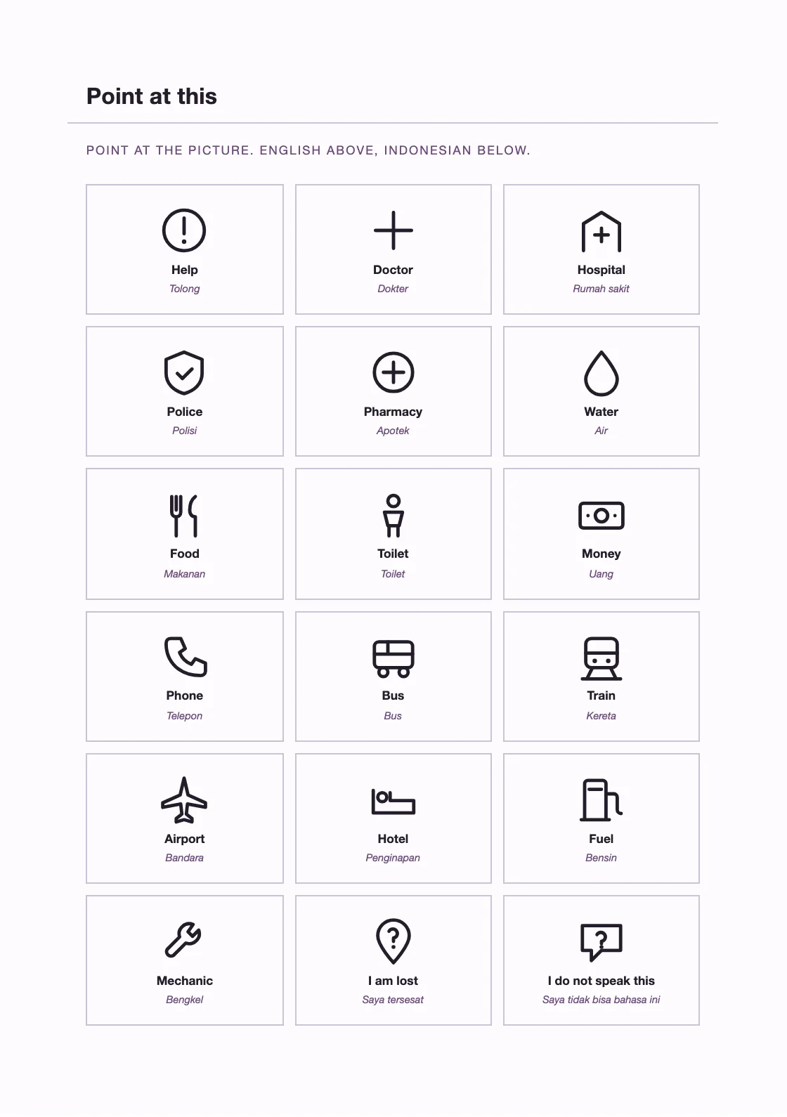A pictogram grid captioned in English above and Indonesian below, for when there is no shared language. — Five-Year Line a Day