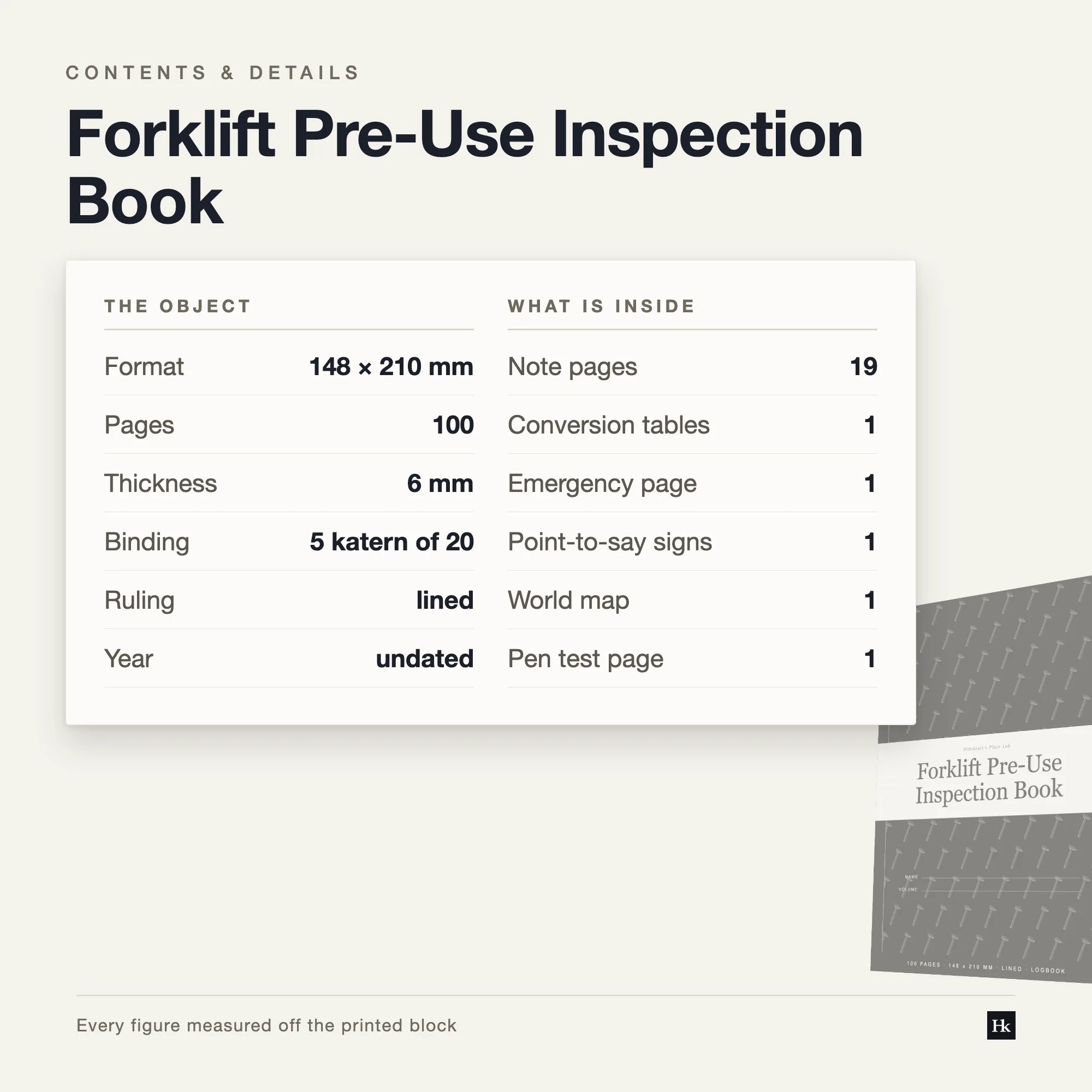 Specification card listing the Forklift Pre-Use Inspection Book contents: 70 check pages, 19 note pages, 100 pages total, A5 trim, five signatures of twenty.