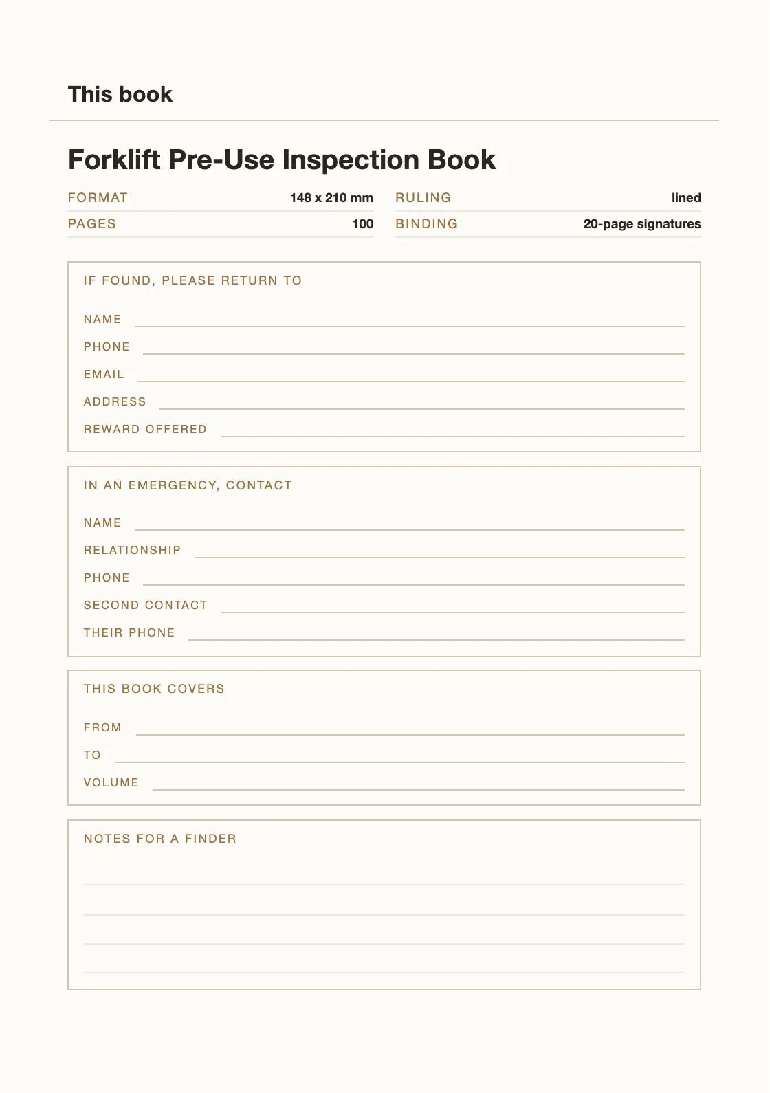 One page for your name and number, so a book that goes missing can come back. — Forklift Pre-Use Inspection Book