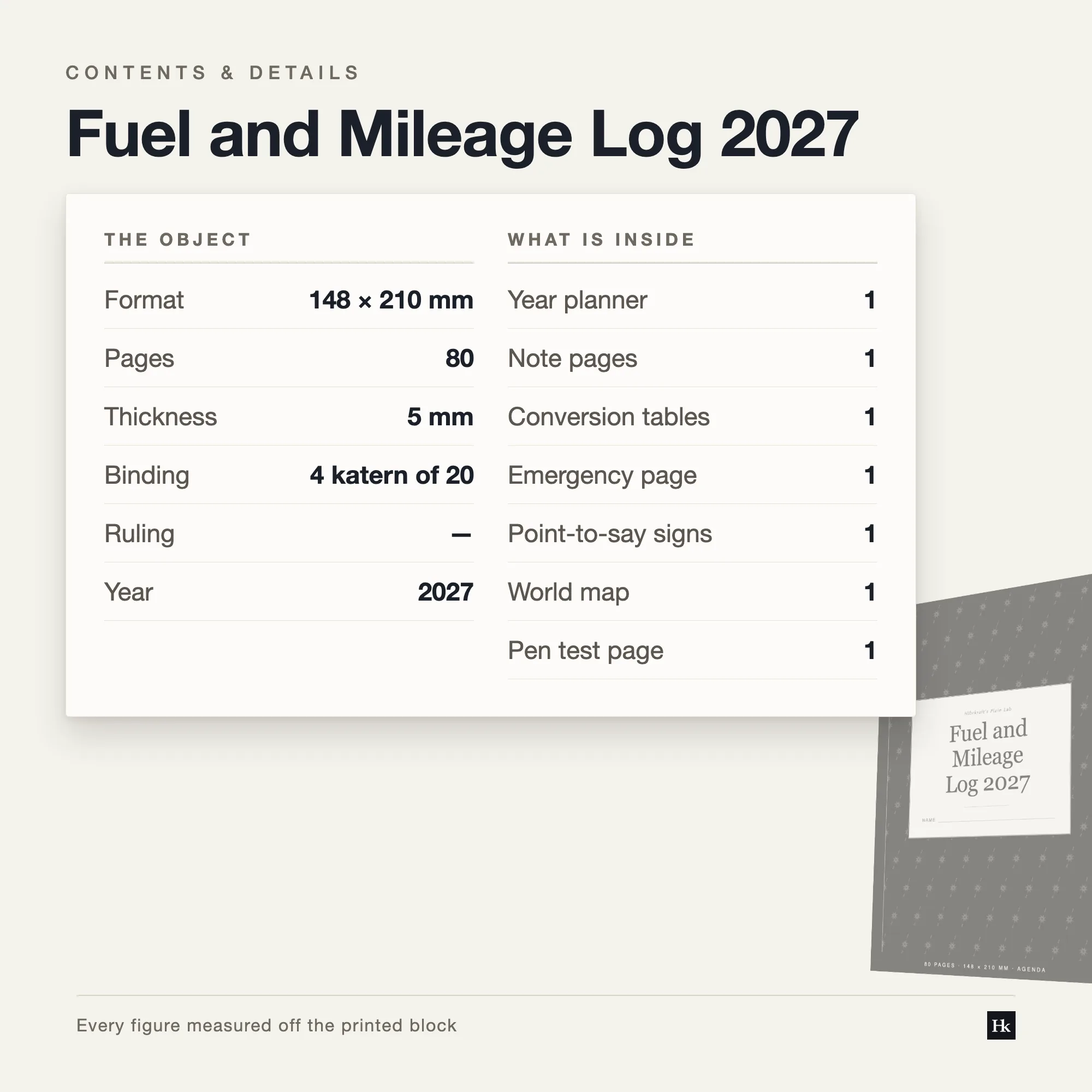 Specification card for the Fuel and Mileage Log 2027: daybook, mileage and reference pages, eighty pages total, A5, four signatures of twenty.