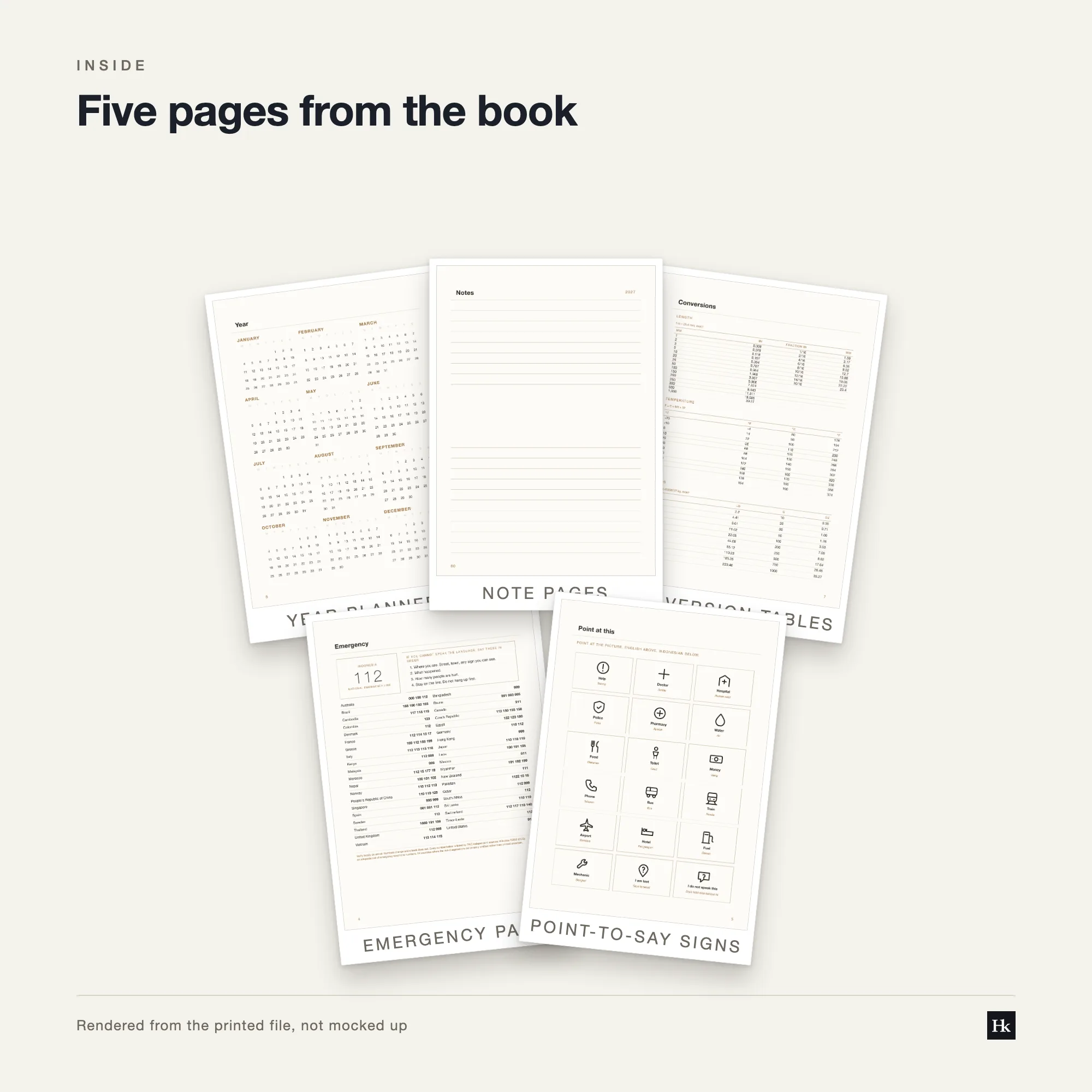 Five pages from the Fuel and Mileage Log 2027 laid out as cards: a monthly daybook page, a mileage row page, a notes page, a year-at-a-glance page, and a reference table.