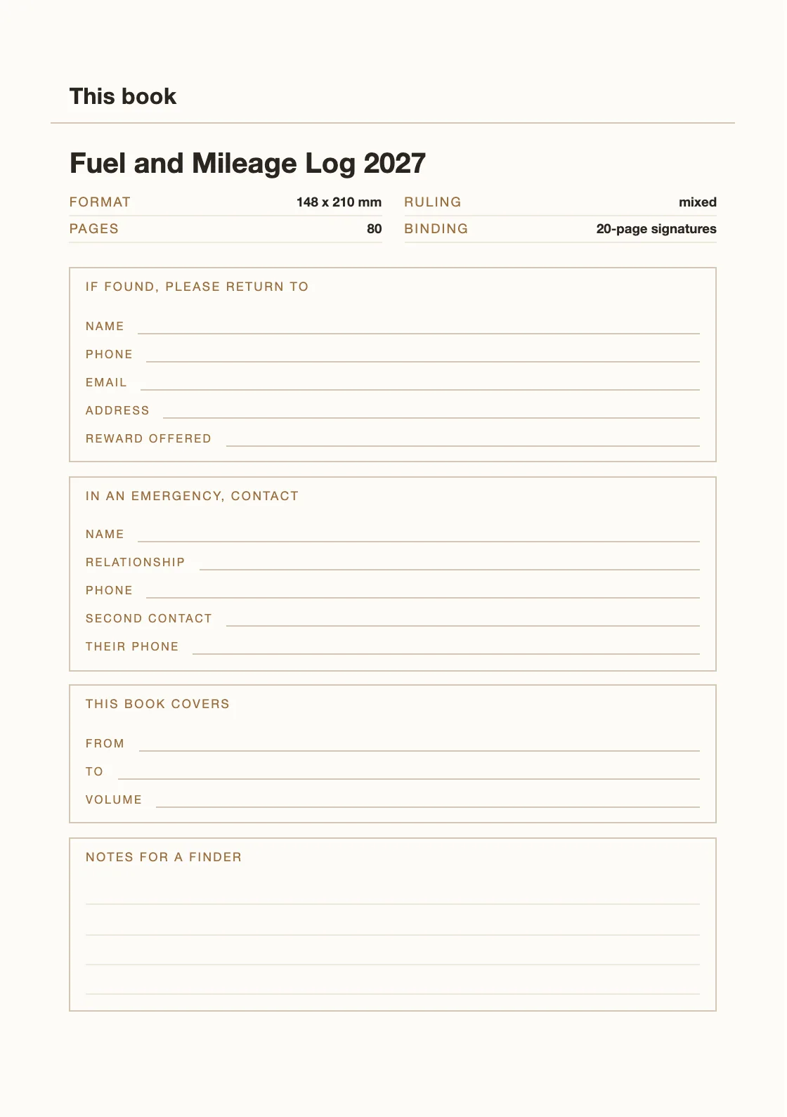 Uma página para o seu nome e número, para que um livro perdido possa voltar. — Fuel and Mileage Log 2027