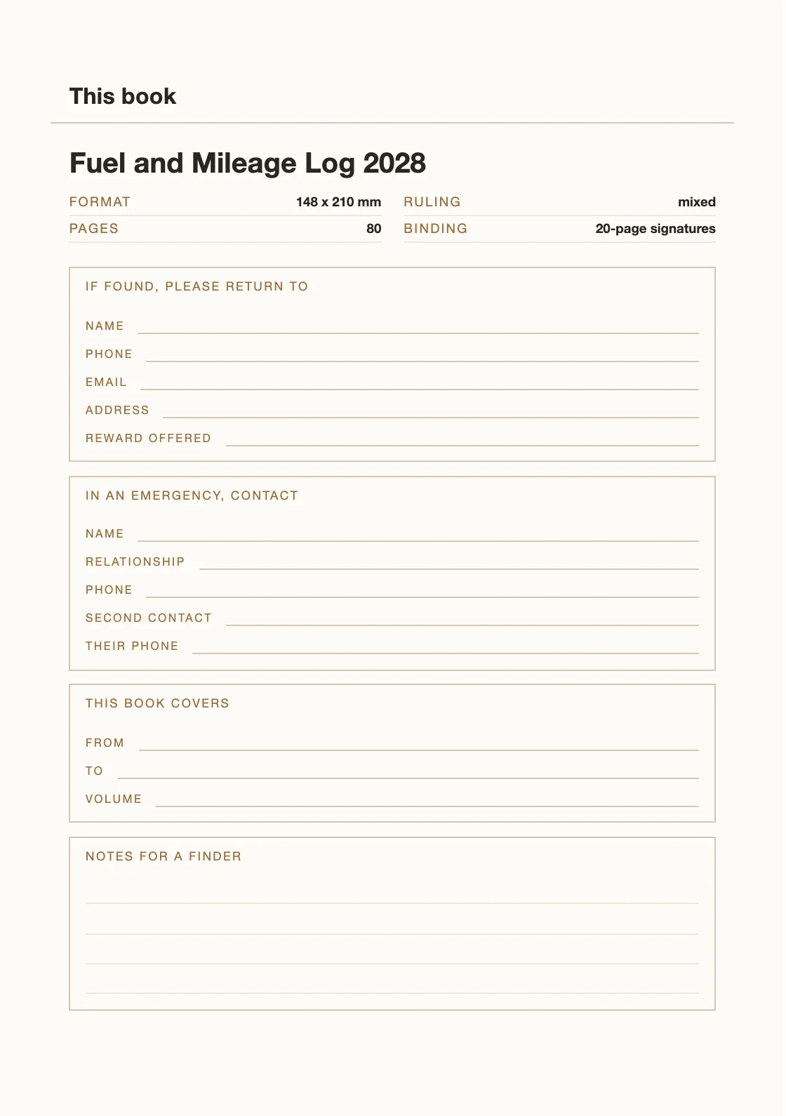 Satu halaman untuk nama dan nomor Anda, supaya buku yang hilang bisa kembali. — Fuel and Mileage Log 2028