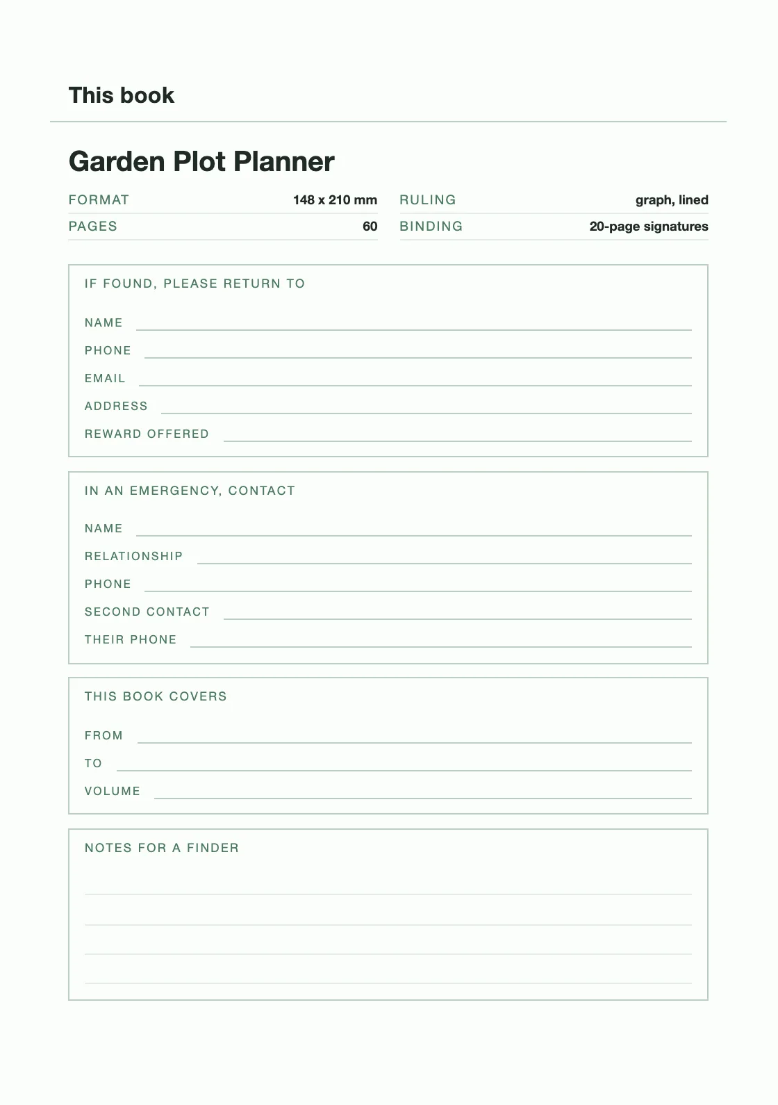 Uma página para o seu nome e número, para que um livro perdido possa voltar. — Garden Plot Planner