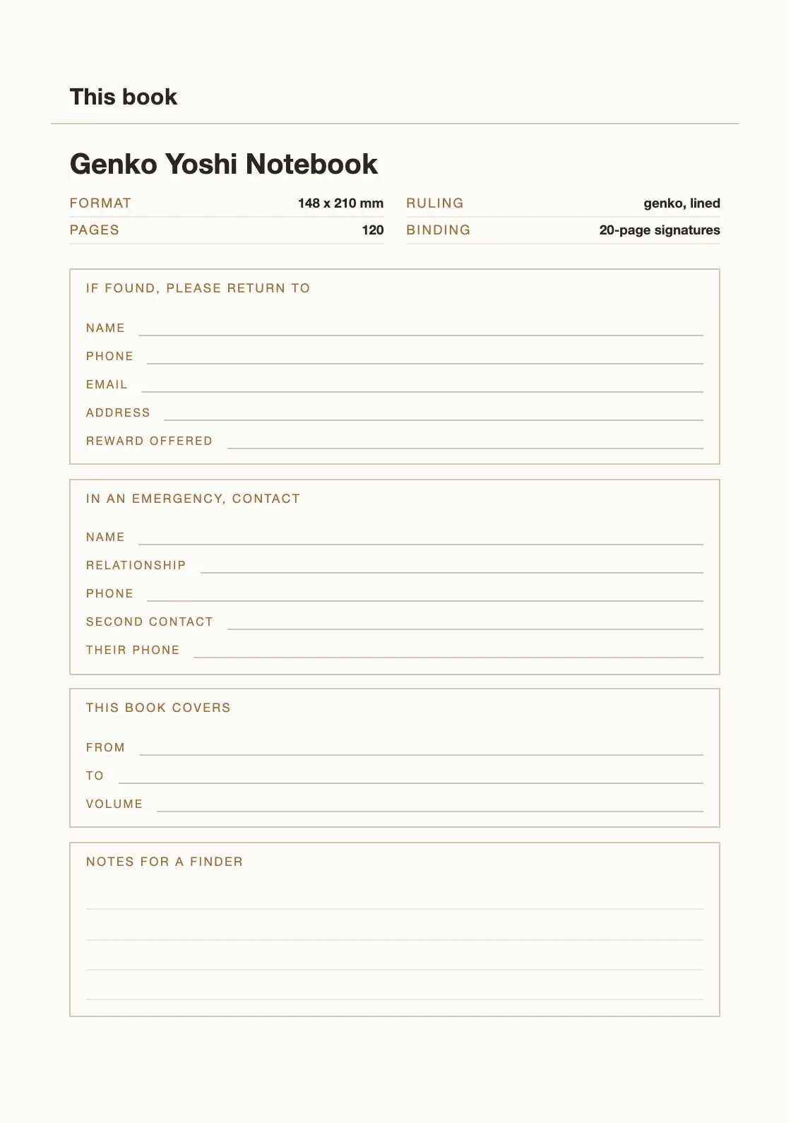 One page for your name and number, so a book that goes missing can come back. — Genko Yoshi Notebook