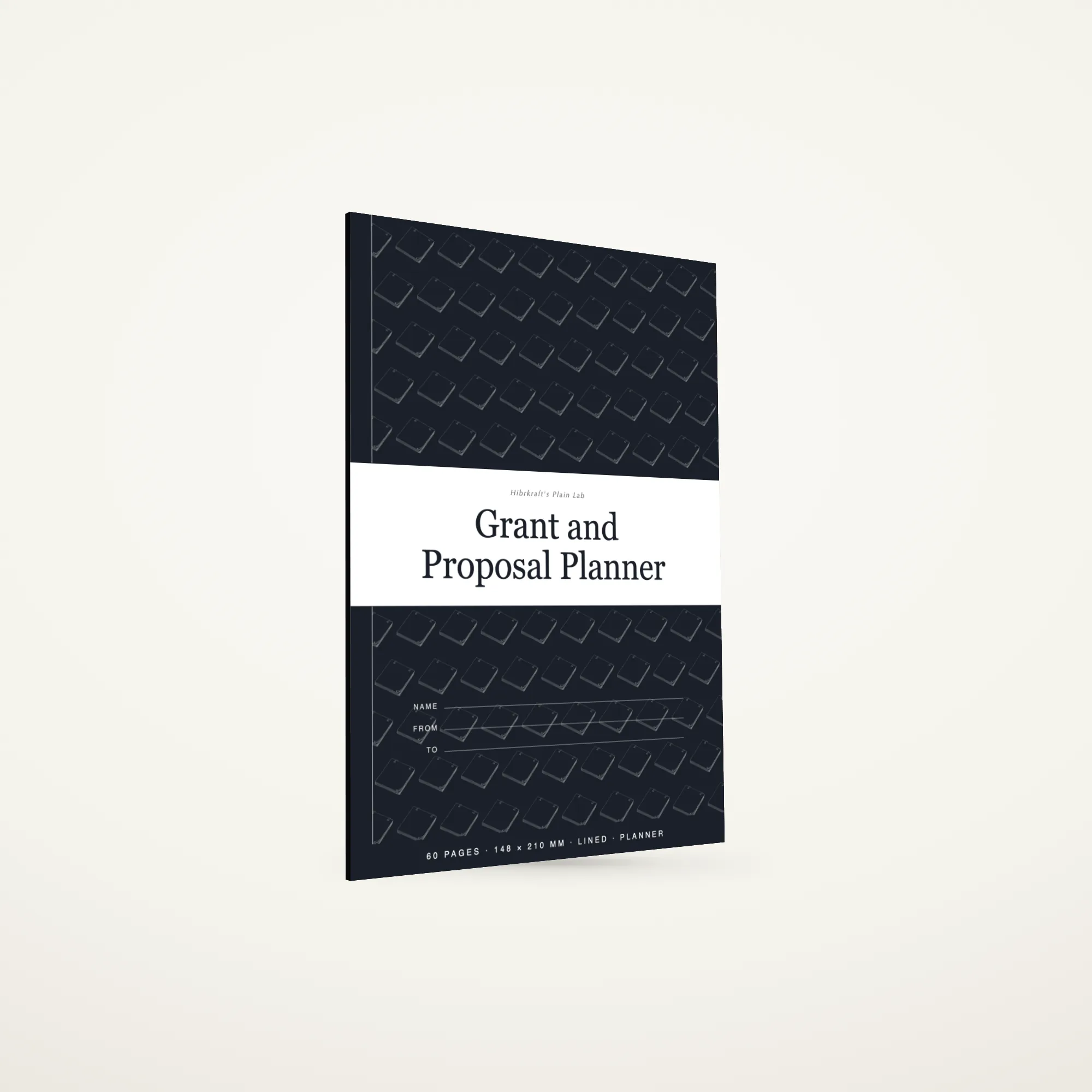 Grant and Proposal Planner A5 berdiri tertutup, sampul berpita biru navy gelap dengan motif rak perpustakaan dicetak terbalik putih, tebal sekitar tiga setengah milimeter.
