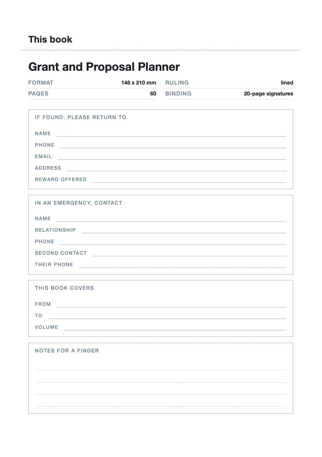 Uma página para o seu nome e número, para que um livro perdido possa voltar. — Grant and Proposal Planner