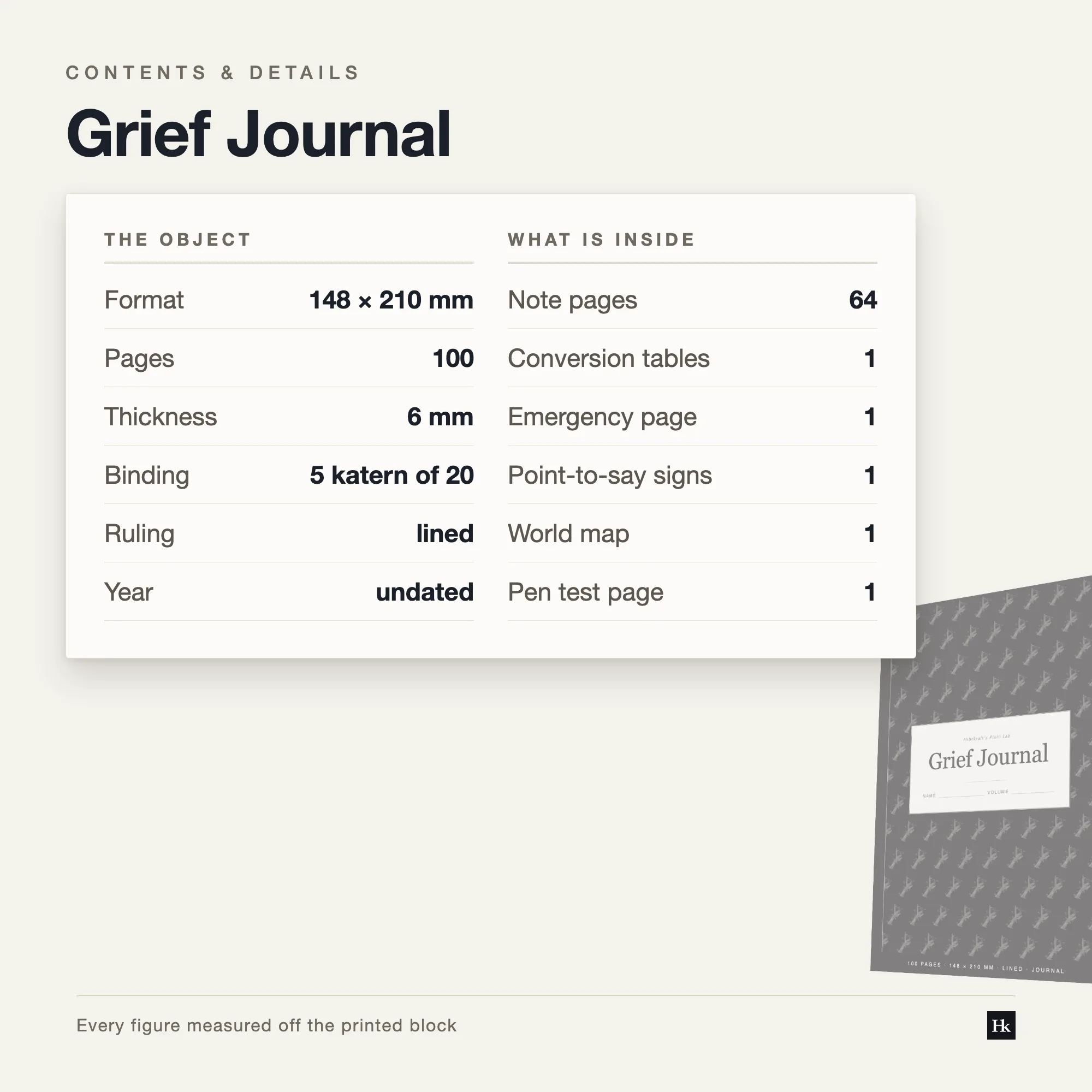 Detail card listing the Grief Journal contents: ruled notes pages, a small prompt section, and reference pages at the back.