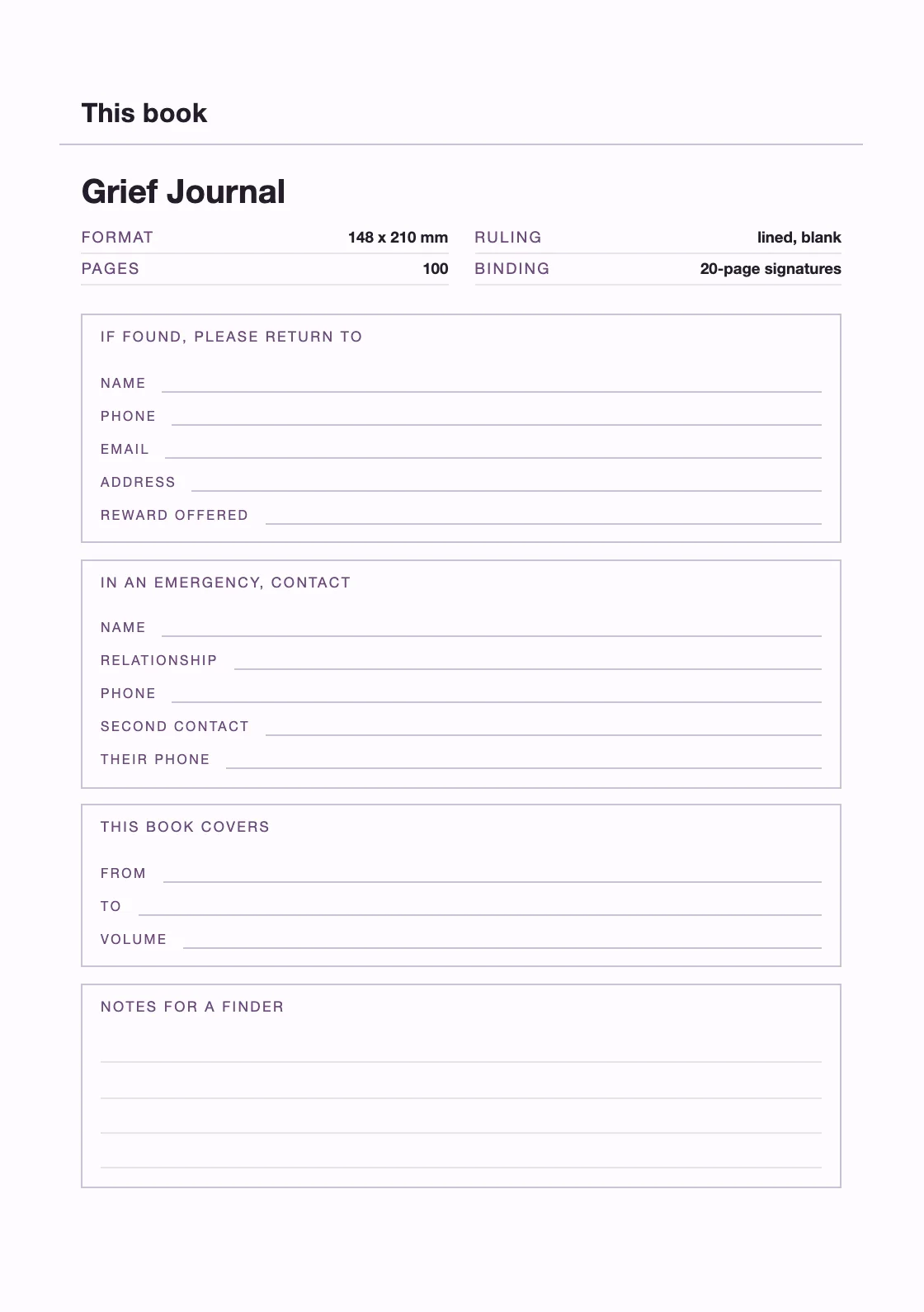 One page for your name and number, so a book that goes missing can come back. — Grief Journal