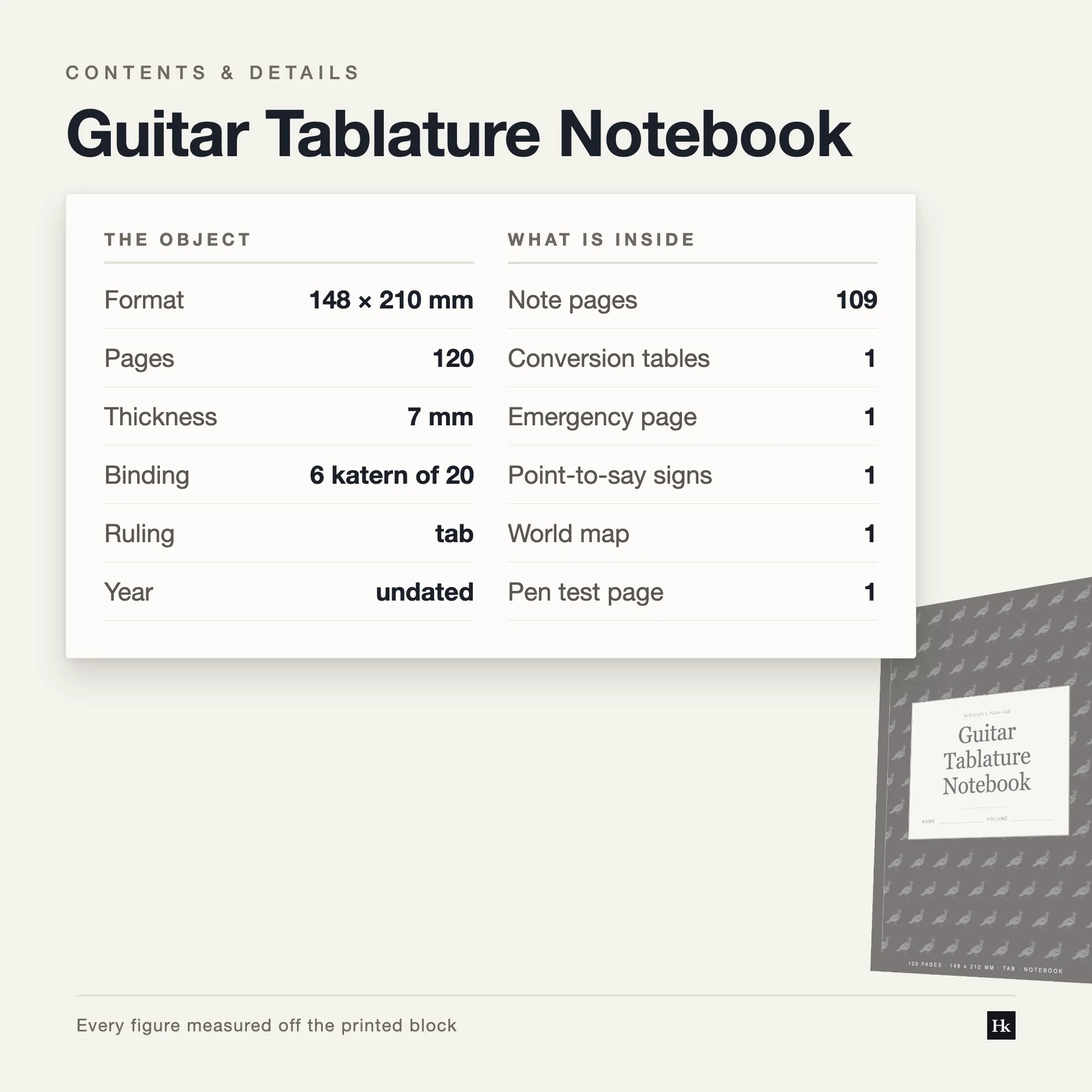 Specification card for the Guitar Tablature Notebook listing 109 ruled pages, 2.47 mm pitch, 70 rows, 120 pages total, A5 trim.