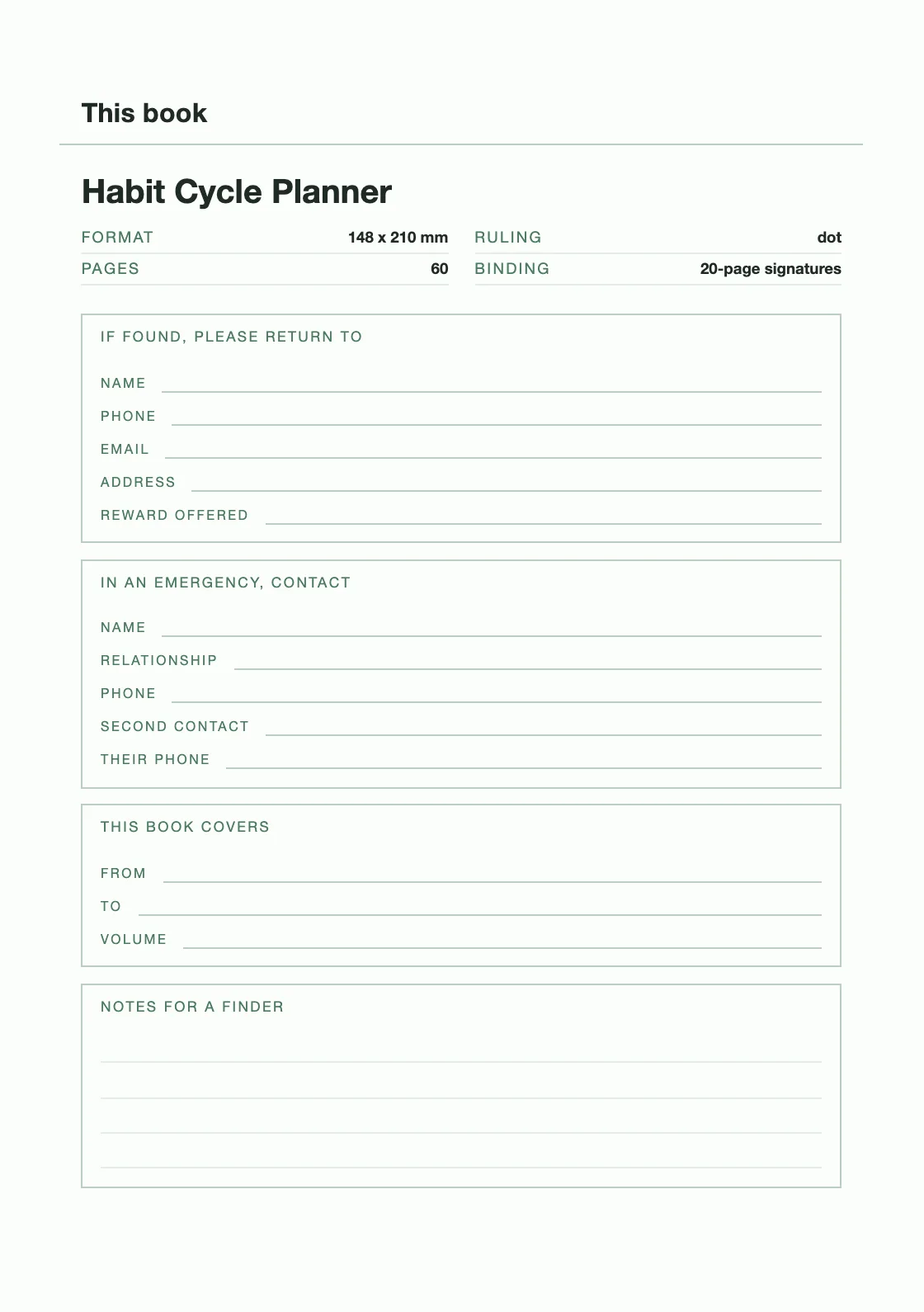 Uma página para o seu nome e número, para que um livro perdido possa voltar. — Habit Cycle Planner