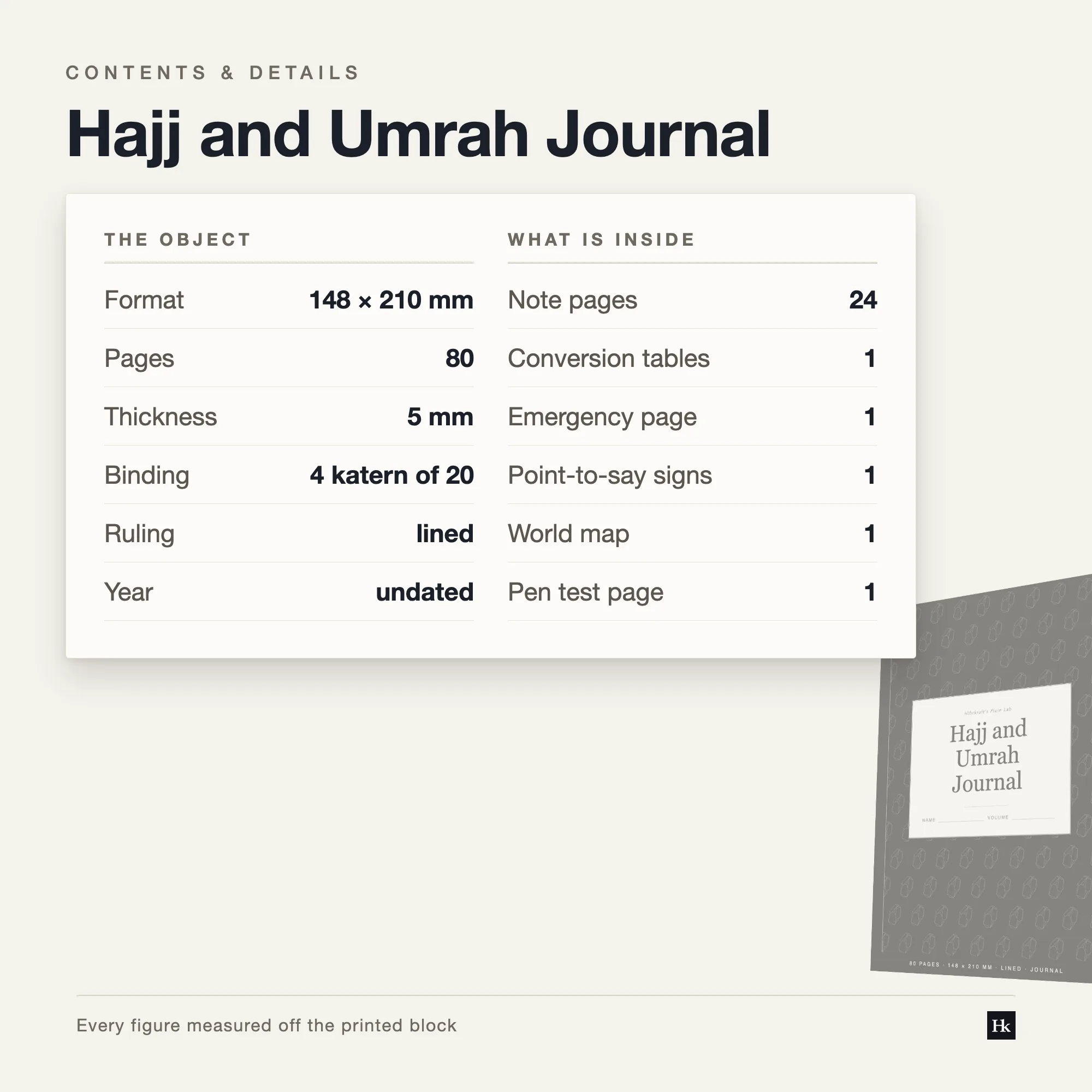 Detail card listing the Hajj and Umrah Journal contents: pages for a personal trip record, ruled notes, and reference pages.