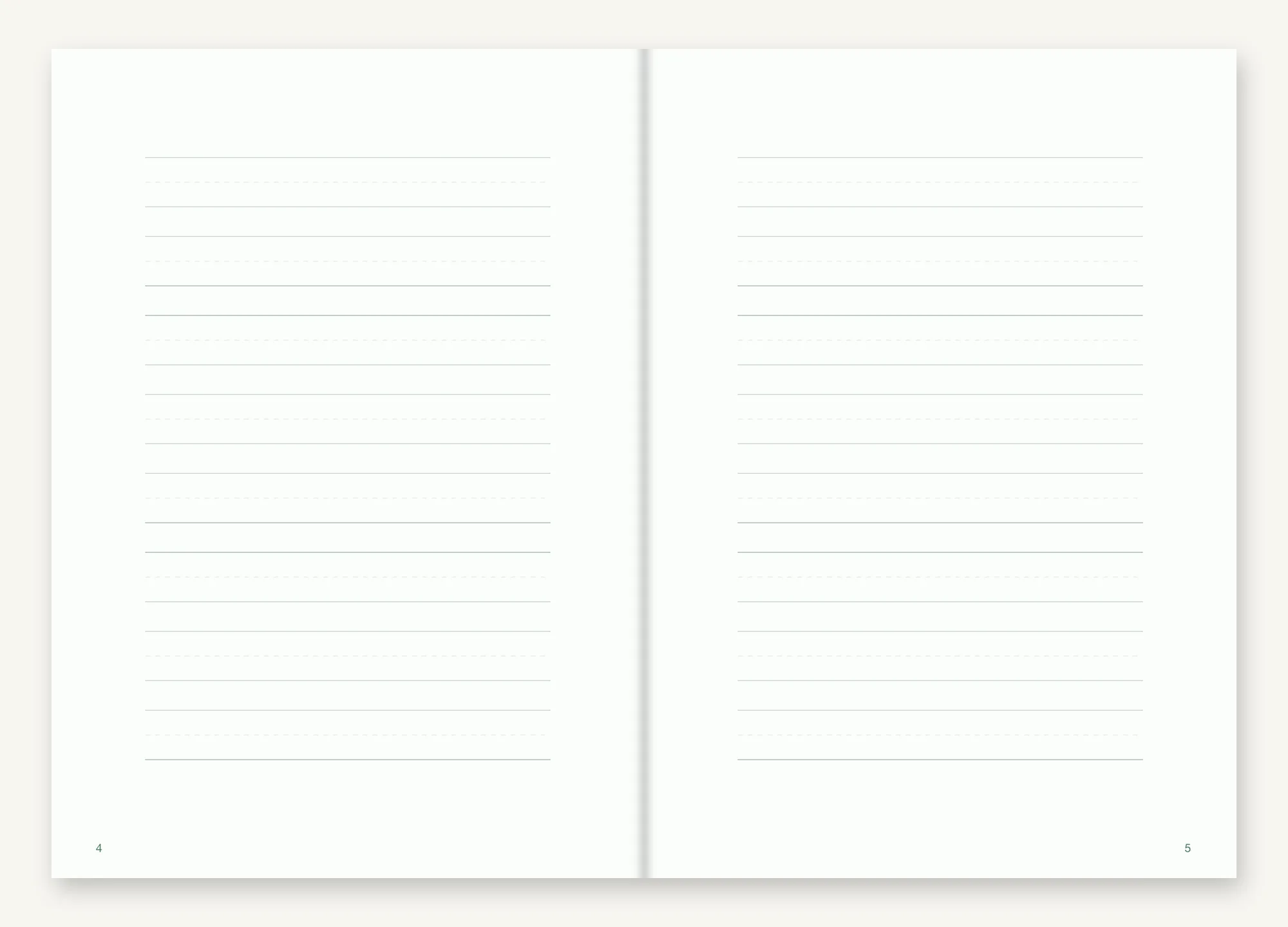 An opening of Handwriting Insert: two facing white pages ruled in widely spaced groups of lines, each group setting a baseline and the heights above it.