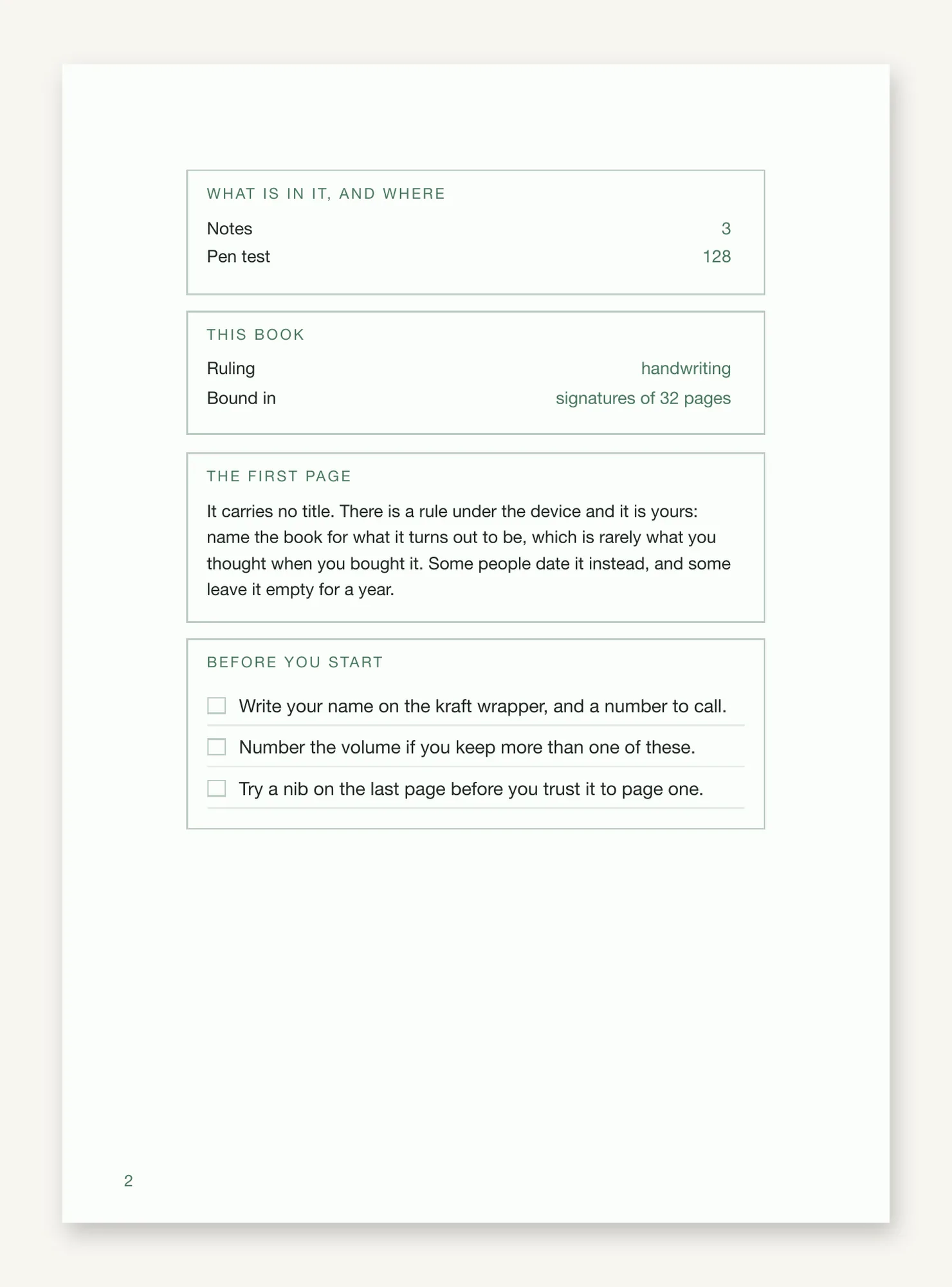 The front matter page, naming the contents and their pages, the ruling and the signature count, with a short checklist.