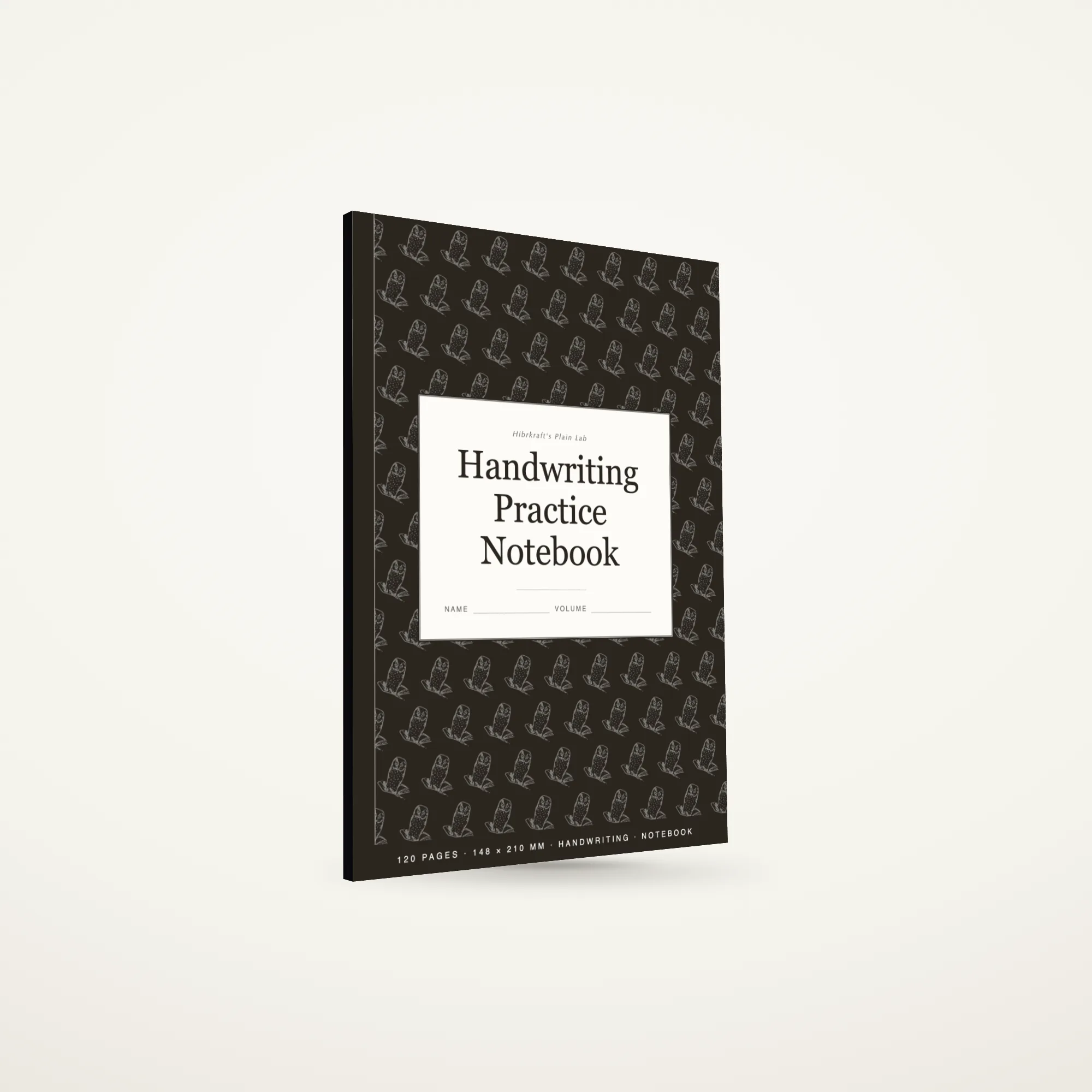 Handwriting Practice Notebook A5 berdiri tertutup di atas permukaan polos, sampul gaya composition dengan bidang ilustrasi berulang dan sebuah plat label.