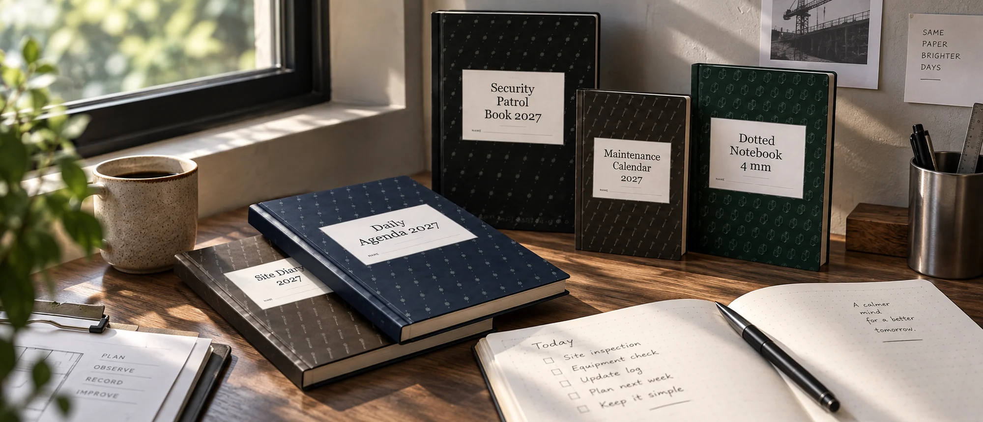 Five Plain Lab books on a wooden desk beside a window. Security Patrol Book 2027, Maintenance Calendar 2027 and Dotted Notebook 4 mm stand against the wall; Daily Agenda 2027 lies across Site Diary 2027. To the right an open dotted notebook carries a handwritten list for the day, with a pen resting on it.