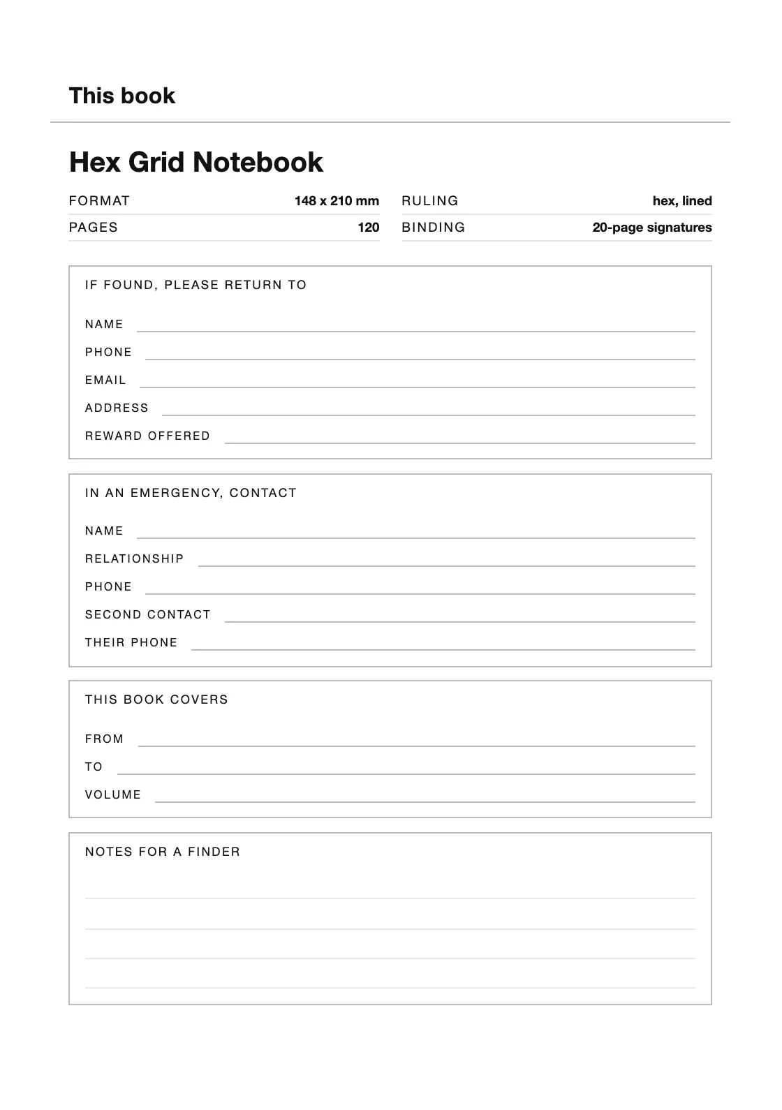 One page for your name and number, so a book that goes missing can come back. — Hex Grid Notebook