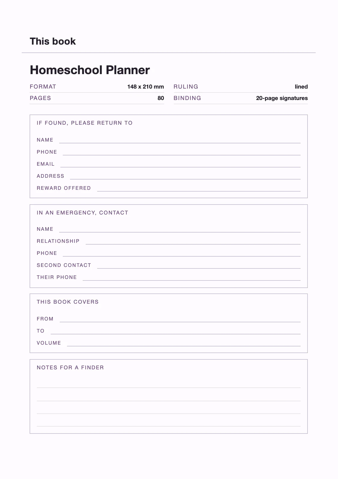 One page for your name and number, so a book that goes missing can come back. — Homeschool Planner