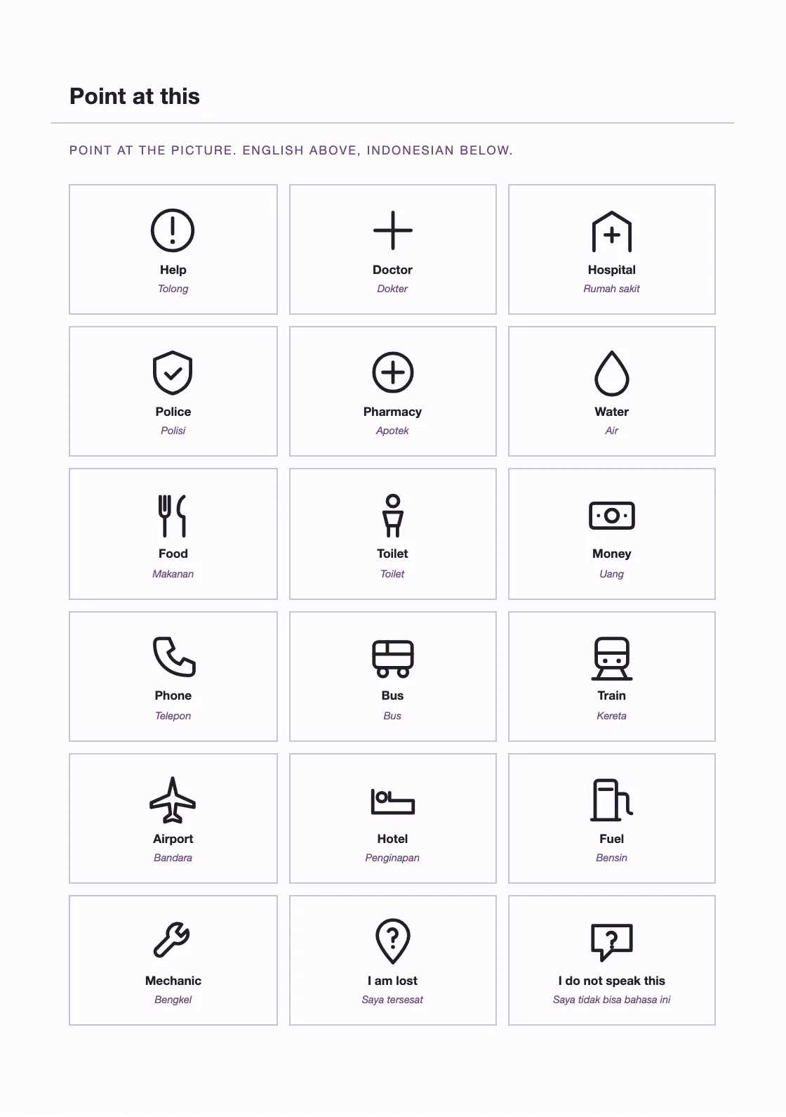 A pictogram grid captioned in English above and Indonesian below, for when there is no shared language. — Homeschool Planner