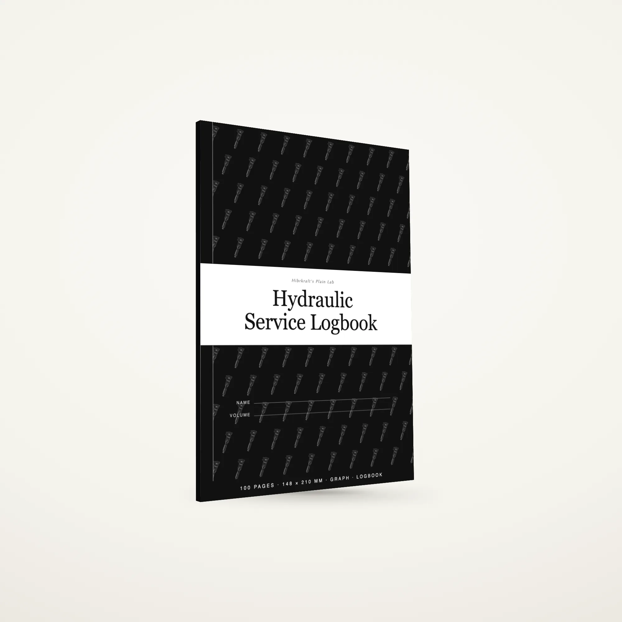 Sebuah Hydraulic Service Logbook A5 berdiri tertutup, halaman berkotak di dalamnya untuk memplot bacaan hidraulik, tebal sekitar enam milimeter.